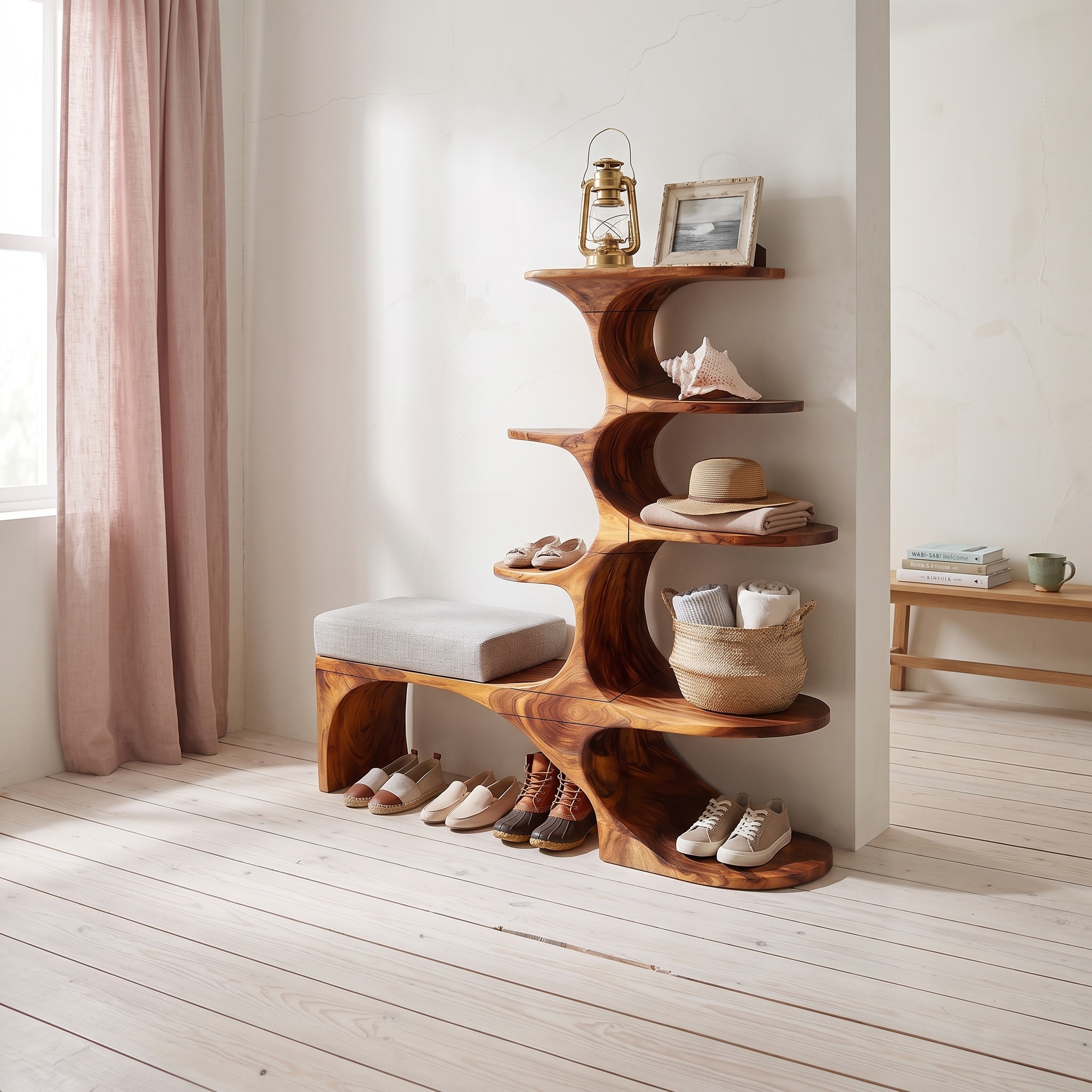 Modern Shoe Rack Bench, Wooden Entryway Bench Storage Seat Organizer for Living Room Corner