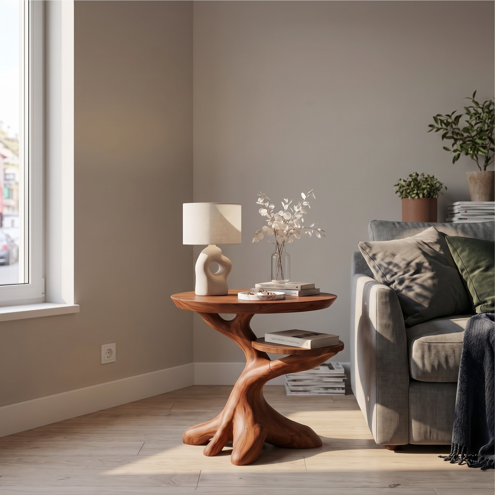Modern Side Table with Organic Tree Root Silhouette, Handcrafted Solid Wood Bedside Nightstand & End Table