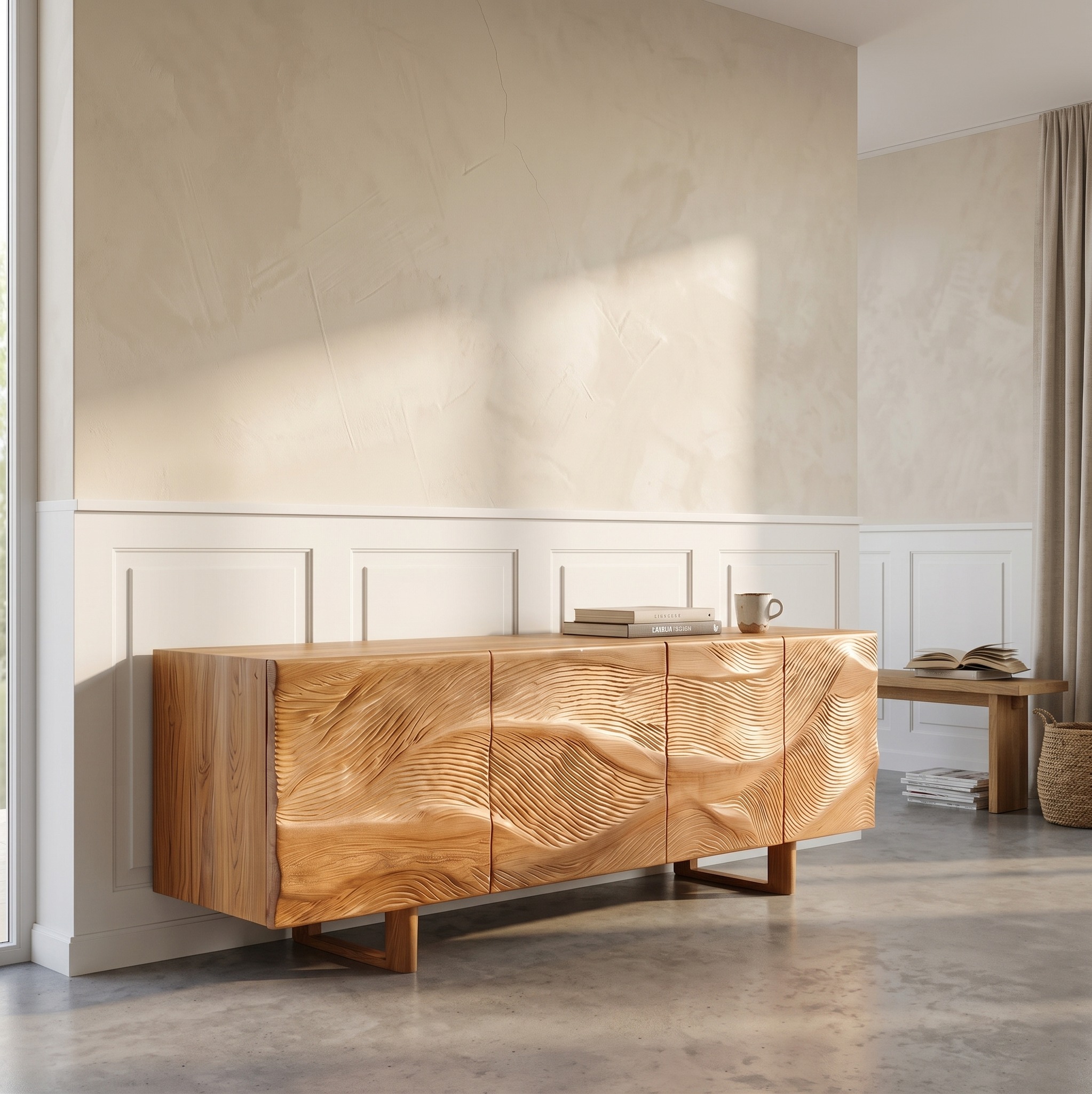 Modern Sideboard Buffet Cabinet with Sunburst Carved Wood Doors, Solid Wood Living Room Storage Credenza