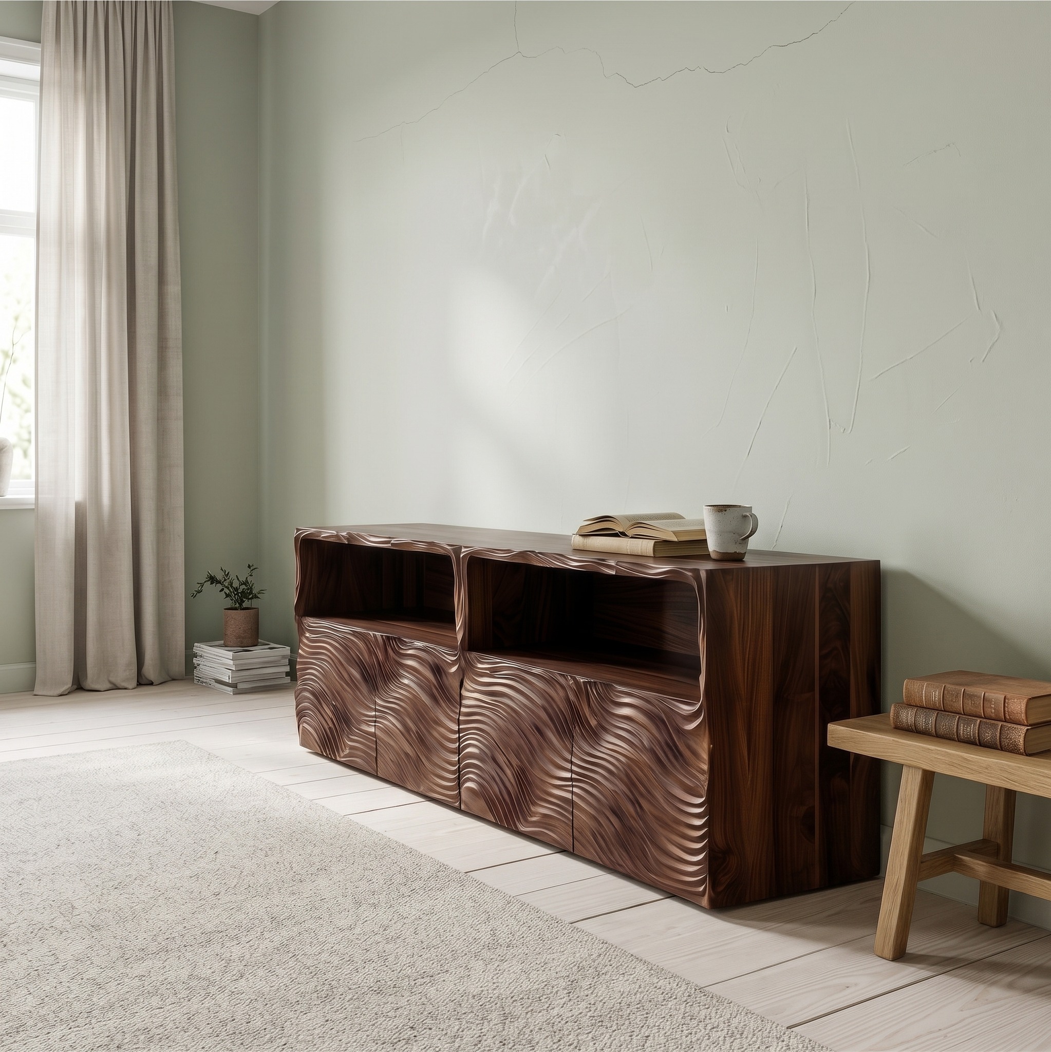 Modern Sideboard Buffet with Hand Carved Wave Wood Doors & Open Shelves, Solid Wood Credenza Console