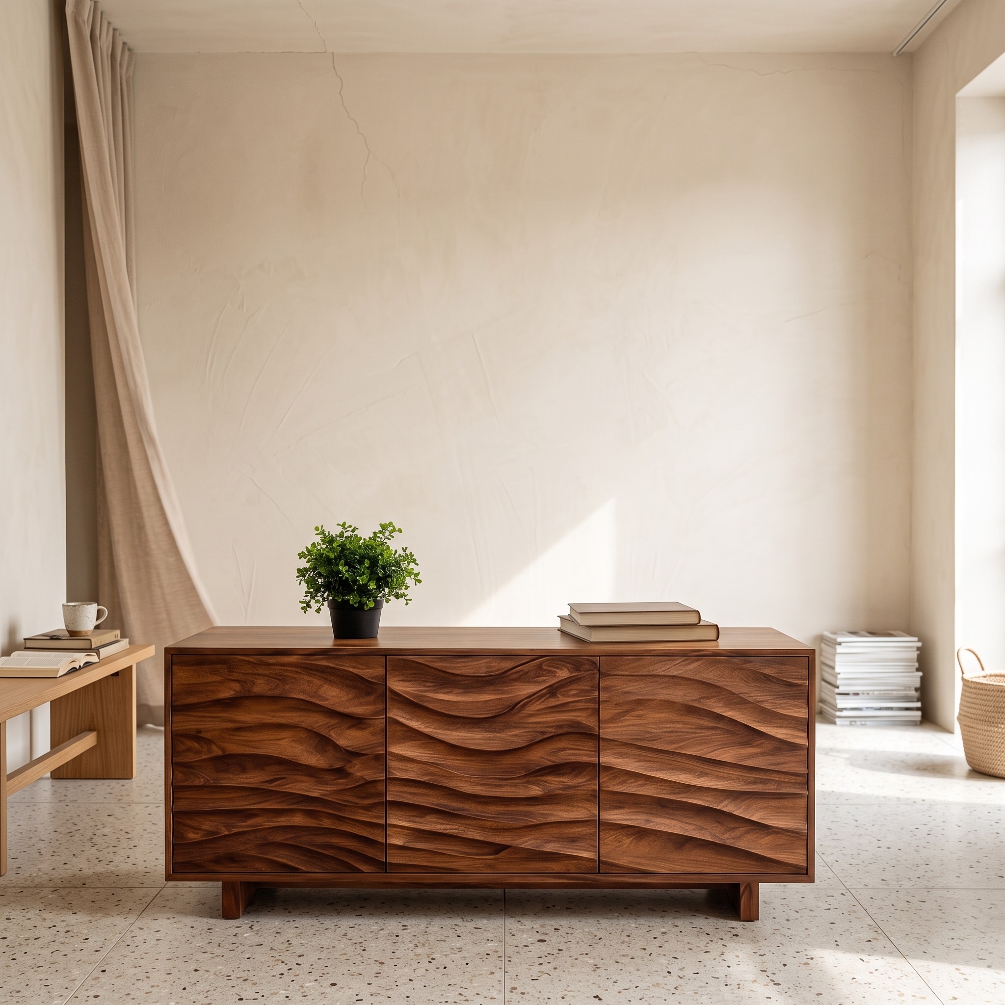 Modern Sideboard with Carved Wave Design, Handcrafted Statement Wood Credenza Cabinet for Living Space, Model