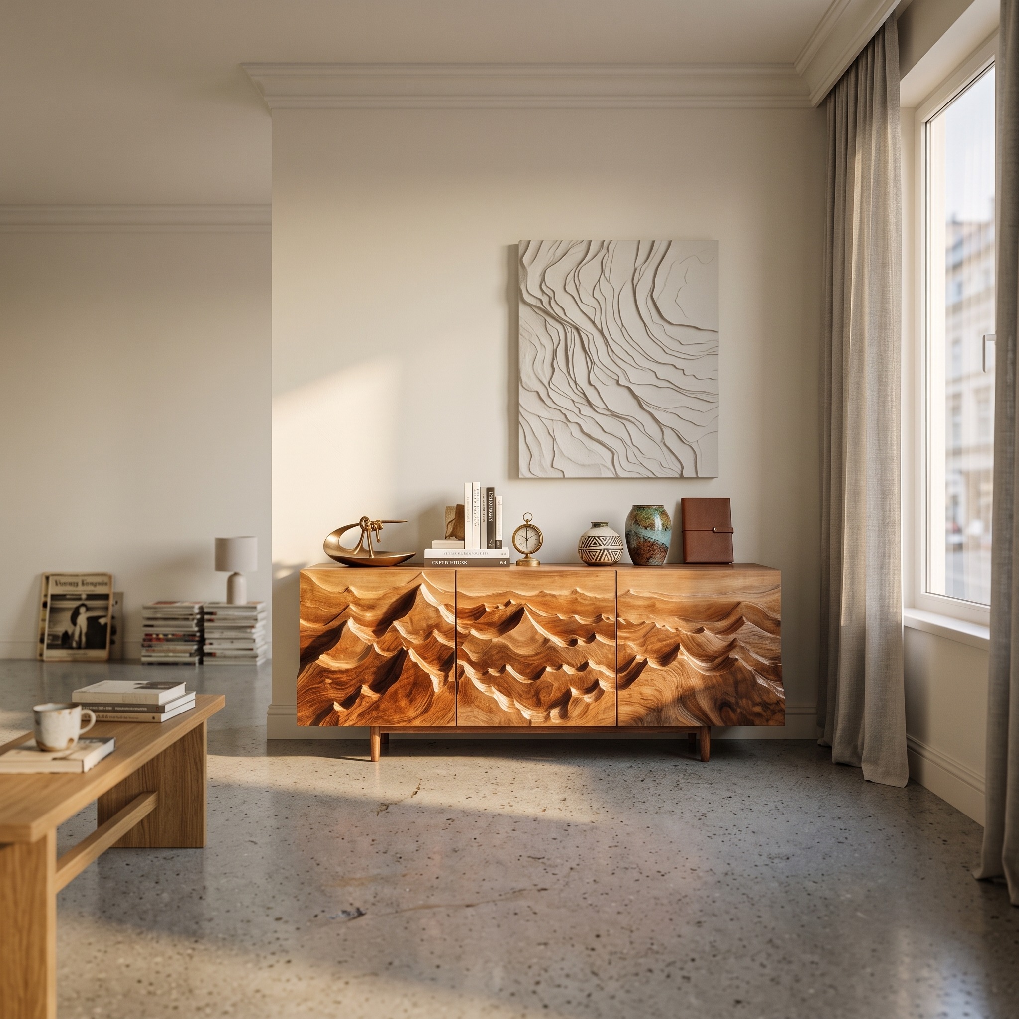 Modern Sideboard with Layered Mountain Carving, Handcrafted Wood Credenza & Storage Cabinet for Living Room, Model