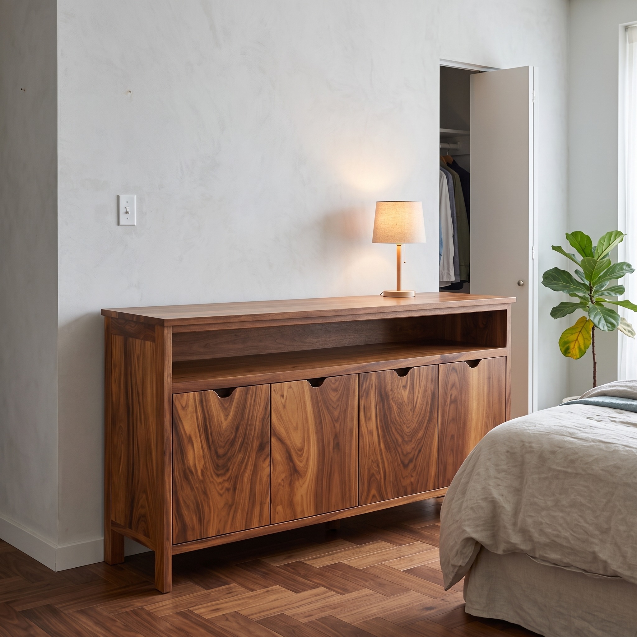 Modern Sideboard with Open Upper Shelf, Handcrafted Solid Wood Credenza Cabinet for Dining & Living Room, Model