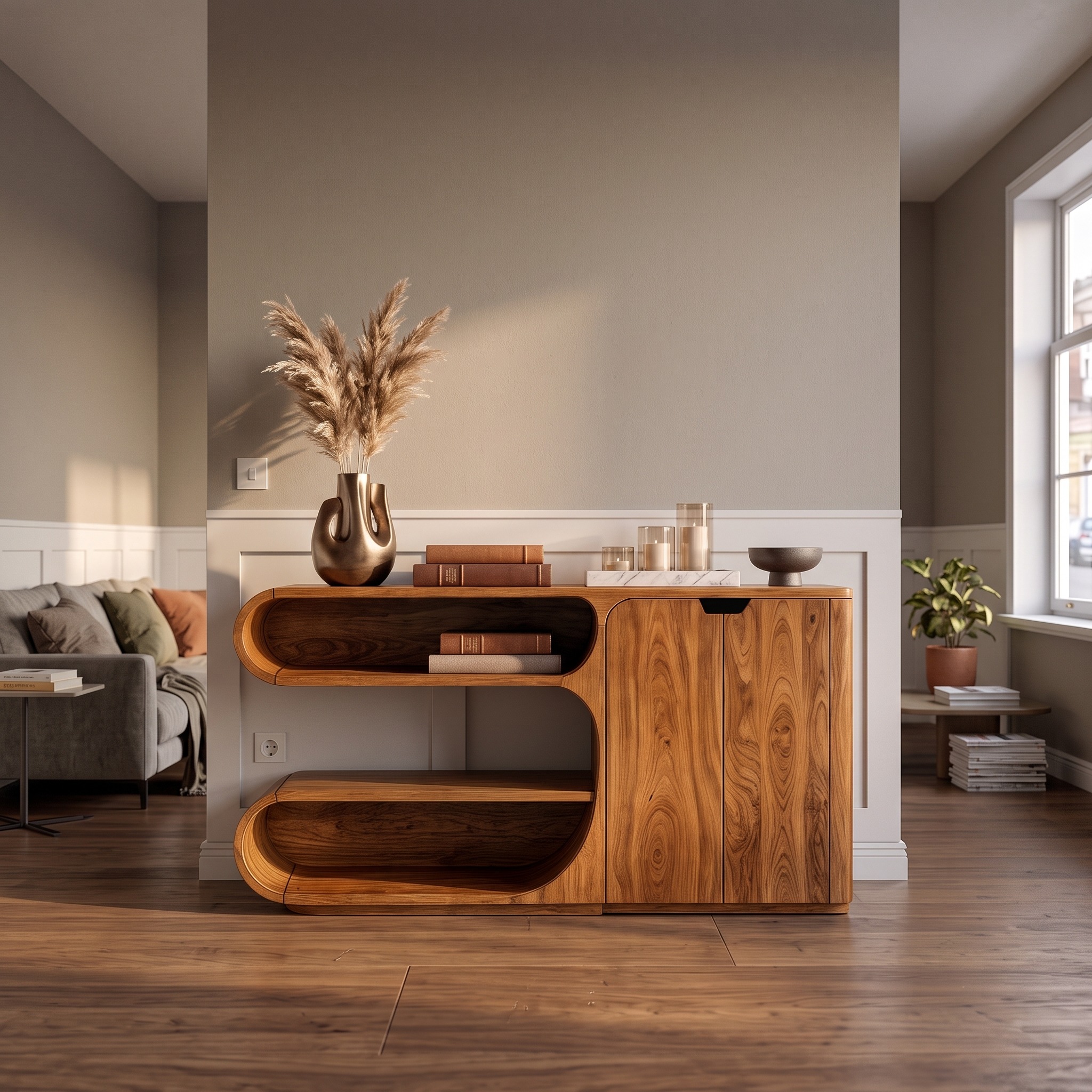 Modern Sideboard with Rounded Display Compartments for Living Room