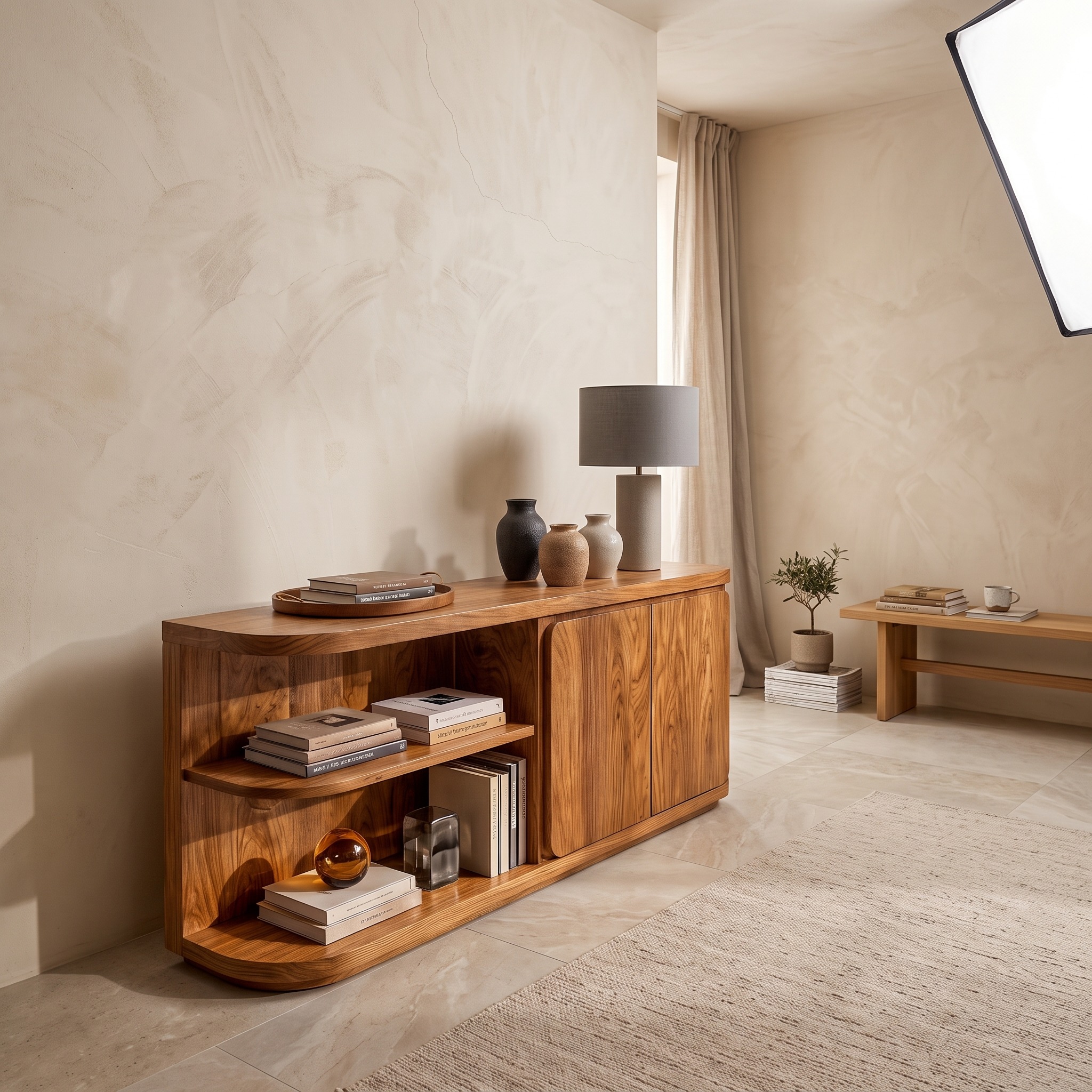 Modern Sideboard with Rounded Frame and Open Storage for Living Room
