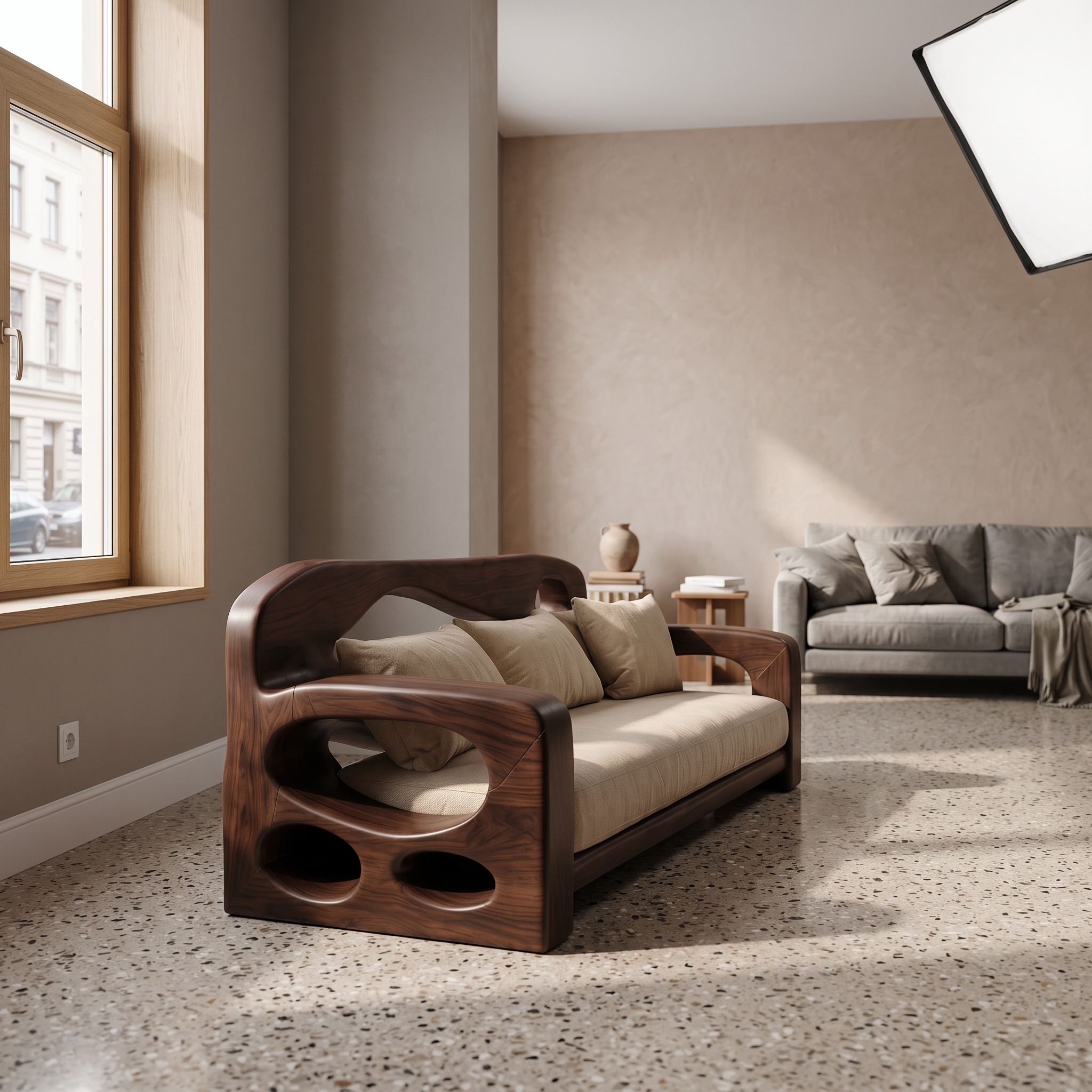 Modern Sofa Frame with Sculptural Solid Wood Armrests for Living Room