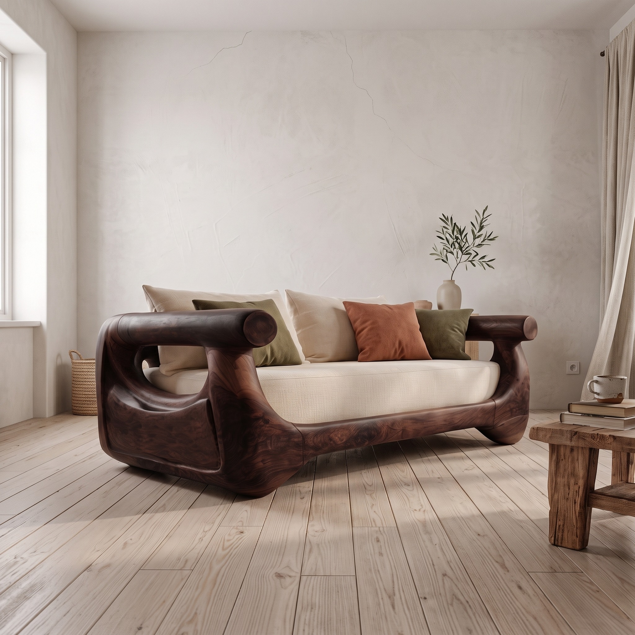 Modern Sofa with Sculptural Perforated Wood Frame for Living Room