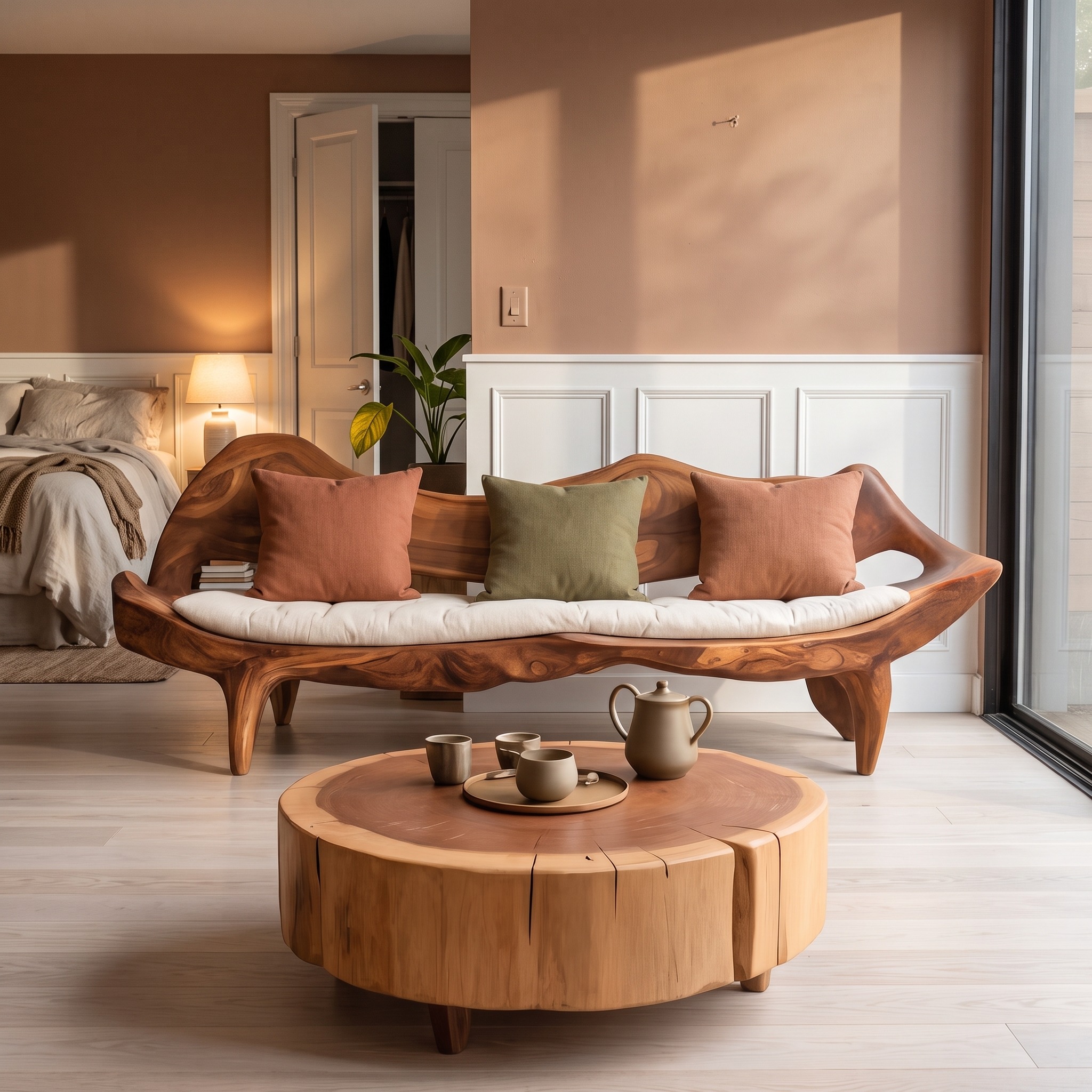 Modern Sofa with Sculptural Wood Frame, Elegant Solid Wood Couch for Living Room, Foyer & Lounge Areas, Model