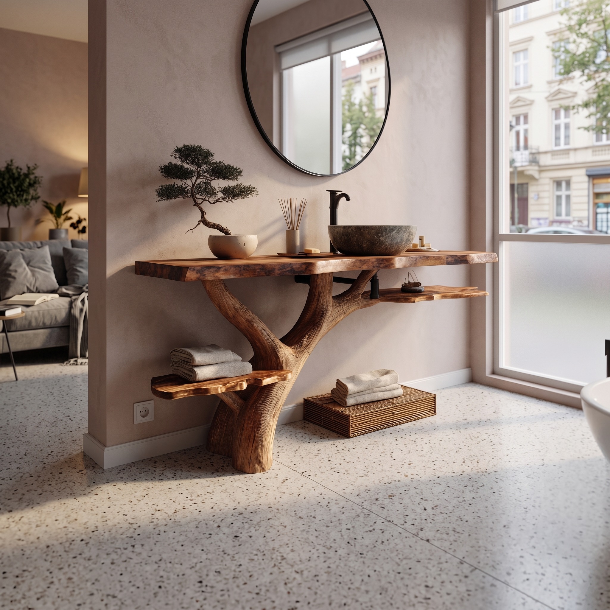 Modern Solid Wood Bathroom Vanity, Live Edge Slab Sink Console for Contemporary Bathroom Interior