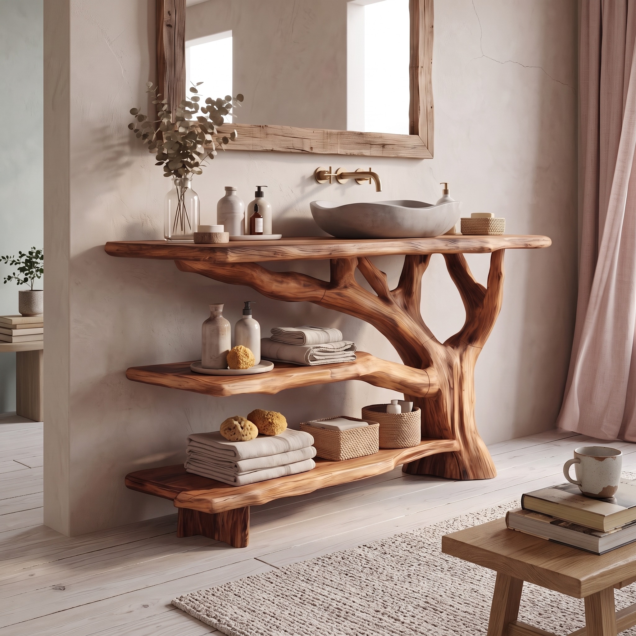 Modern Solid Wood Bathroom Vanity, Live Edge Slab Sink Console for Sleek Contemporary Bathroom Decor