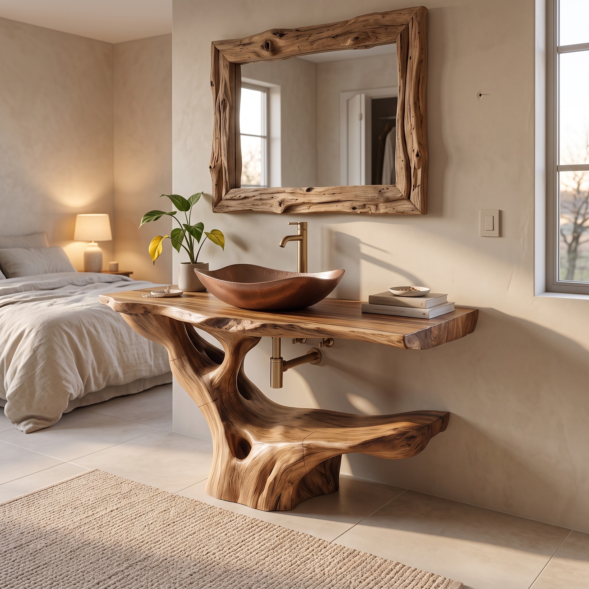 Modern Solid Wood Bathroom Vanity, Organic Live Edge Floating Single Sink Cabinet & Washbasin Console Shelf