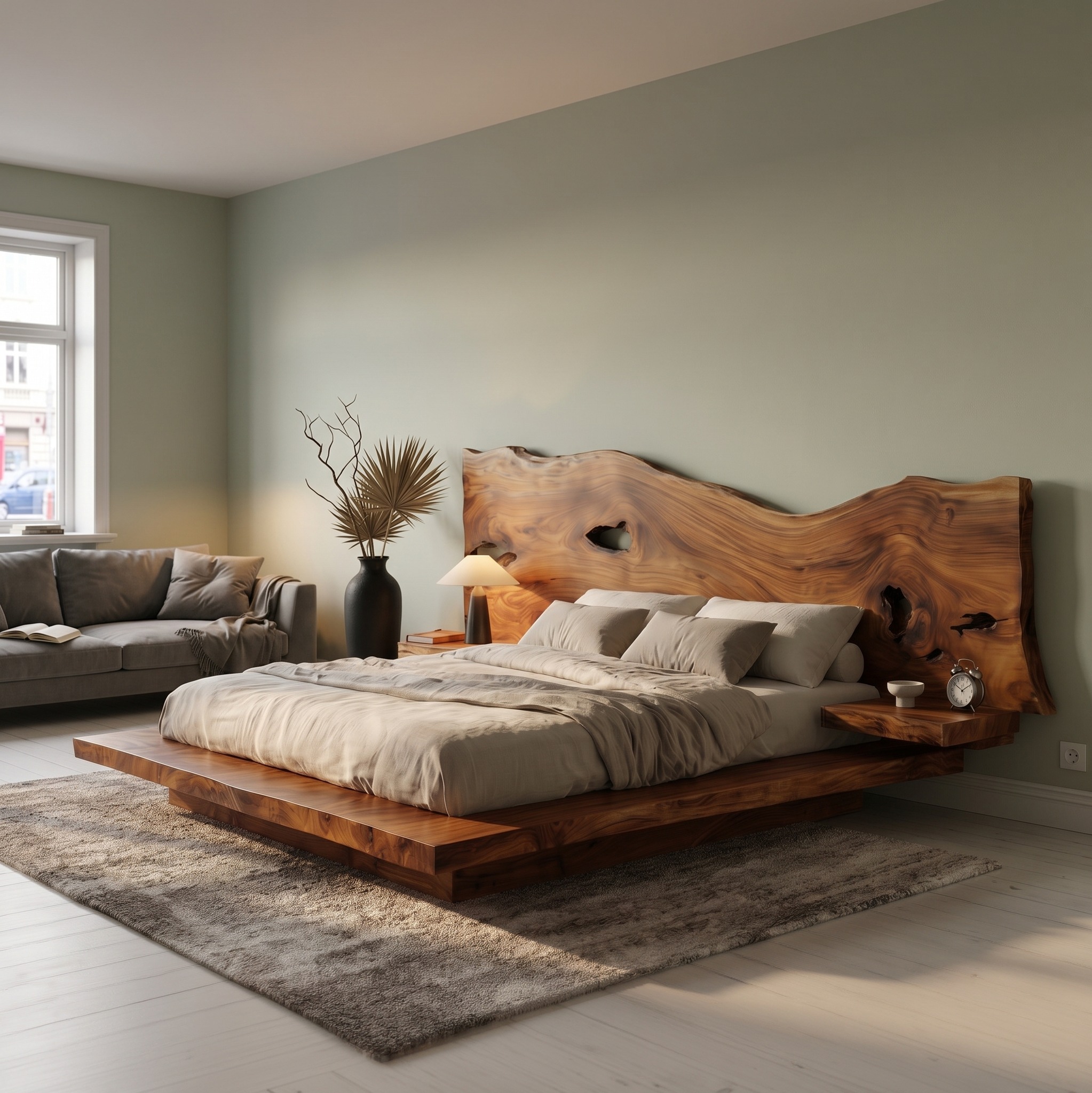 Modern Solid Wood Bed Frame, Handcrafted Floating Platform Bed Frame with Headboard, Bedroom Furniture King Queen Size