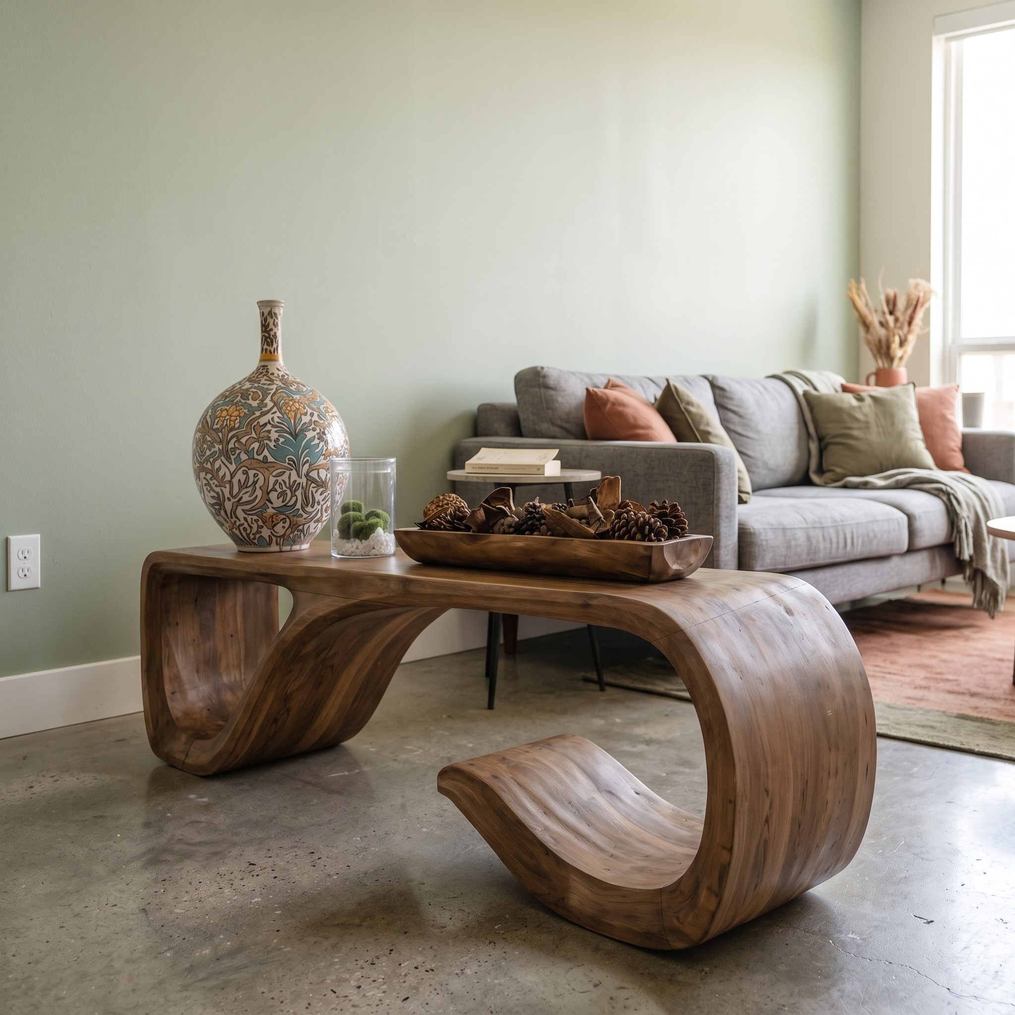 Modern Solid Wood Bench, Sculptural Curved Base Entryway Bench & Dining Seating for Living Room