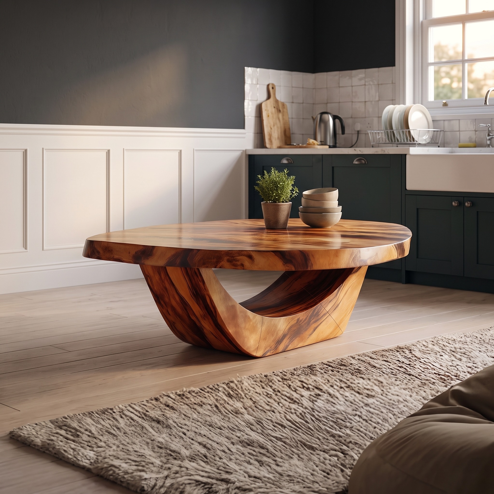 Modern Solid Wood Coffee Table, Ghostly Halloween Style Sculptural Live Edge Accent Table for Living Room