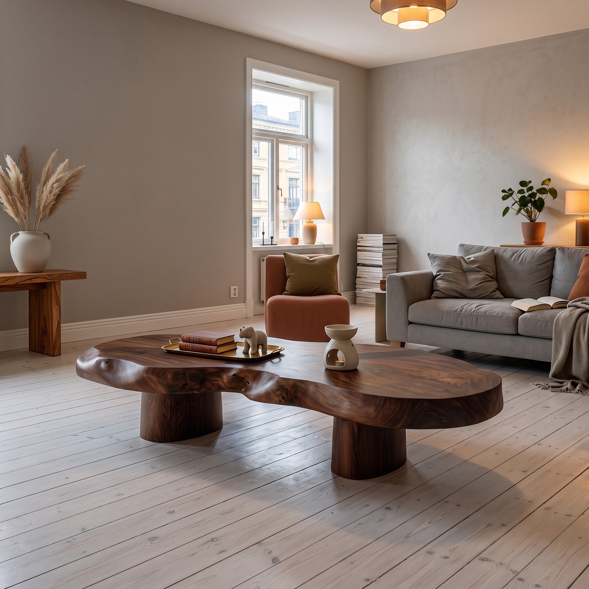 Modern Solid Wood Coffee Table with Sculptural Slab Top for Living Room - Model SINLHACF421