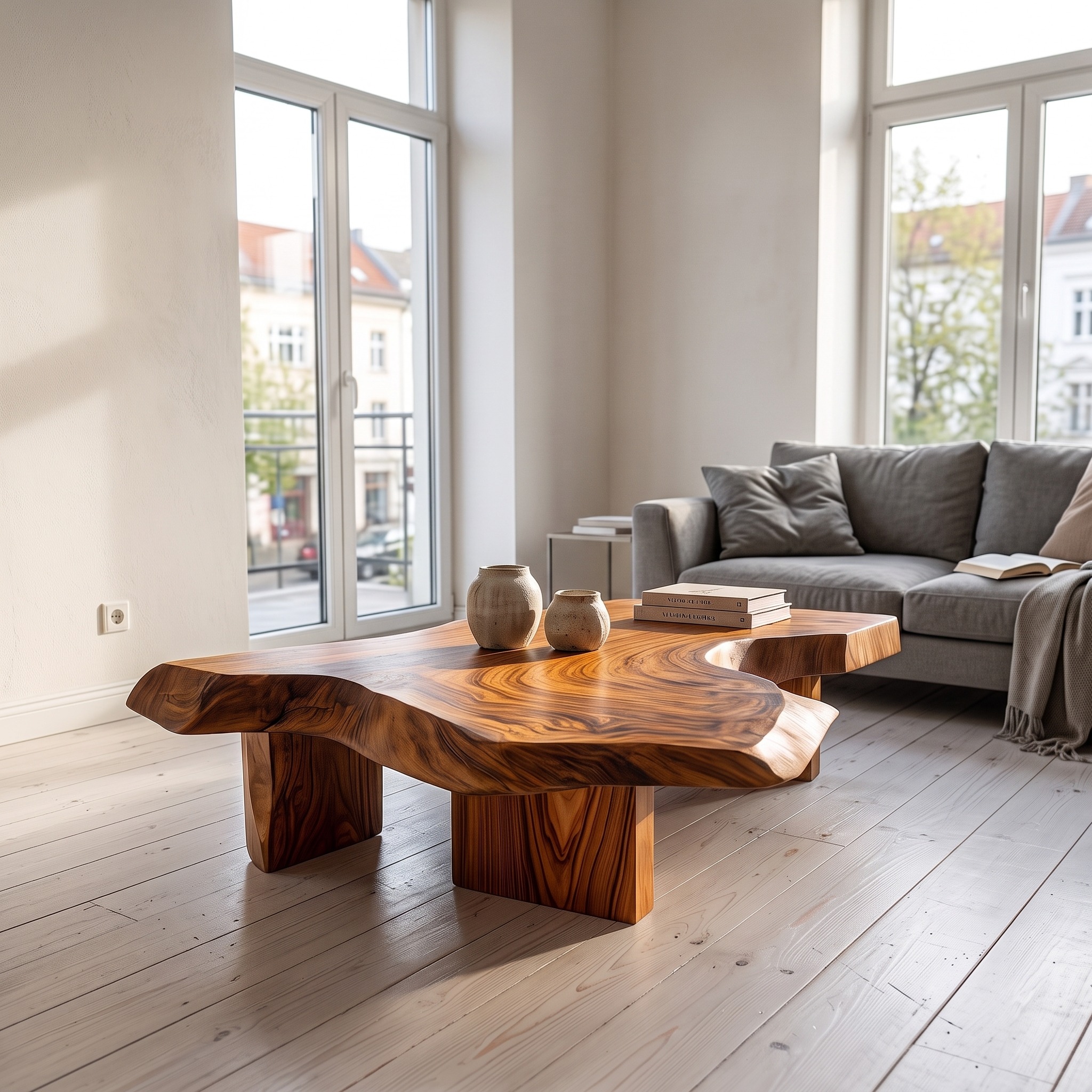 Modern Solid Wood Coffee Table with Sculptural Slab Top for Living Room