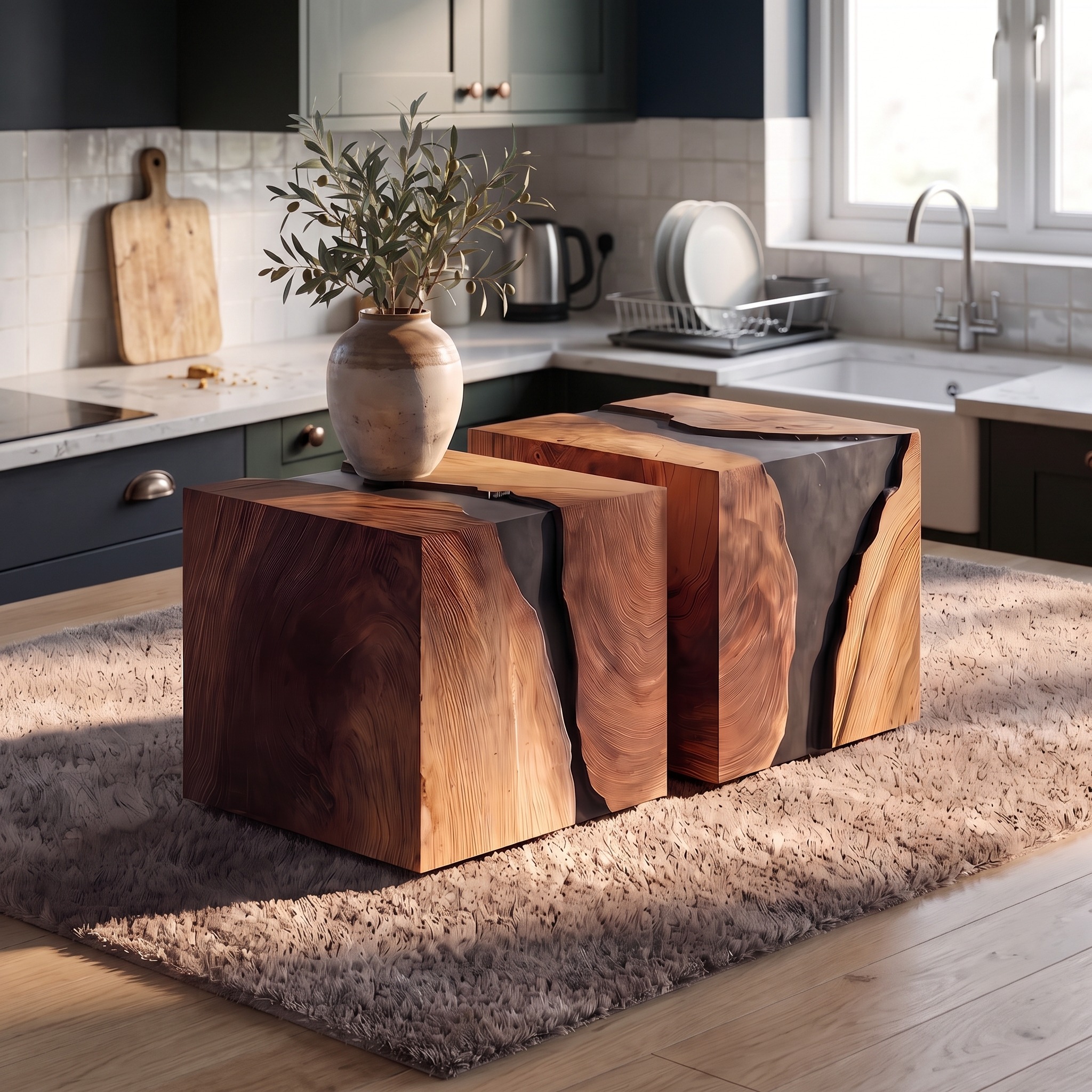 Modern Solid Wood Cube Coffee Table, Handcrafted Wooden Block End Side Table & Bedside Nightstand for Home Decor