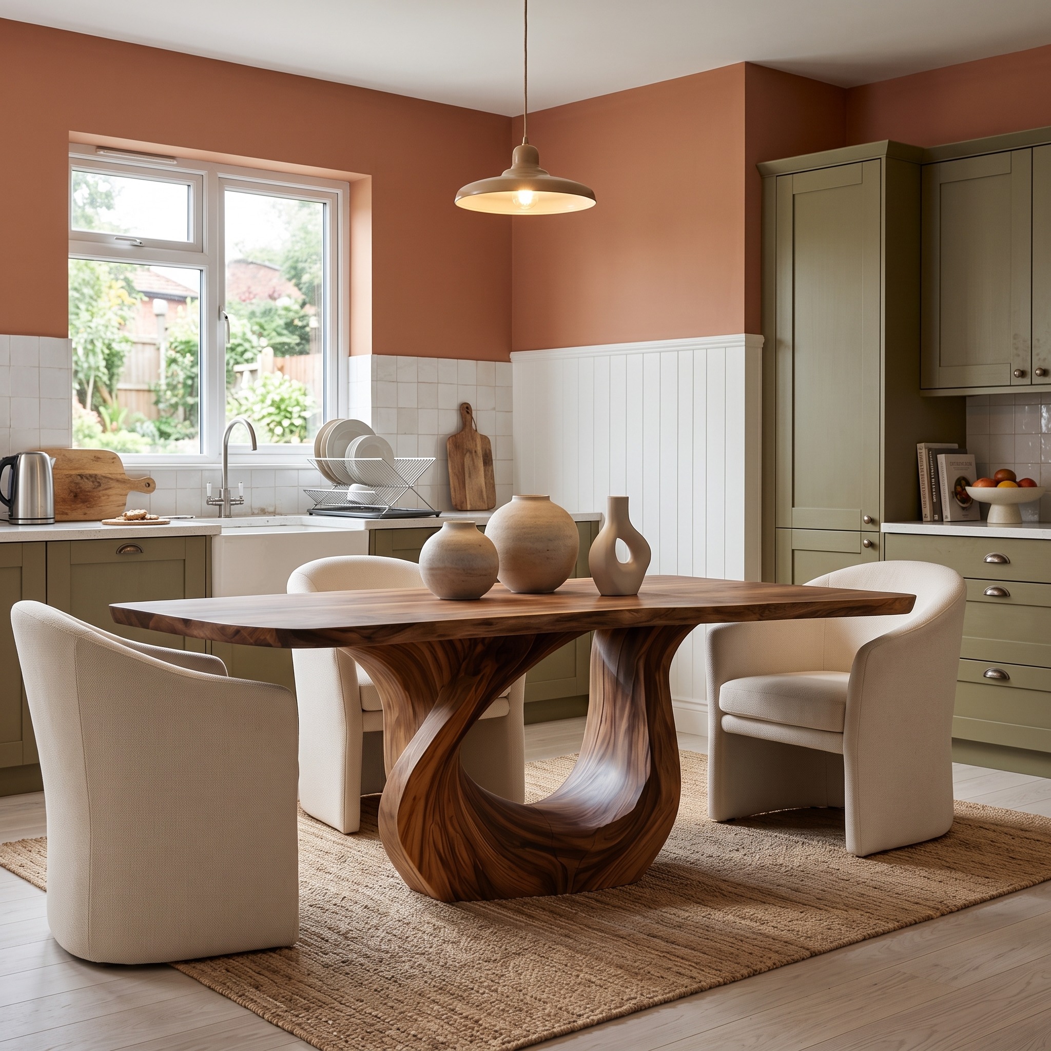 Modern Solid Wood Dining Table with Sculptural Pedestal Base, Large Kitchen & Dining Room Table, Natural Finish