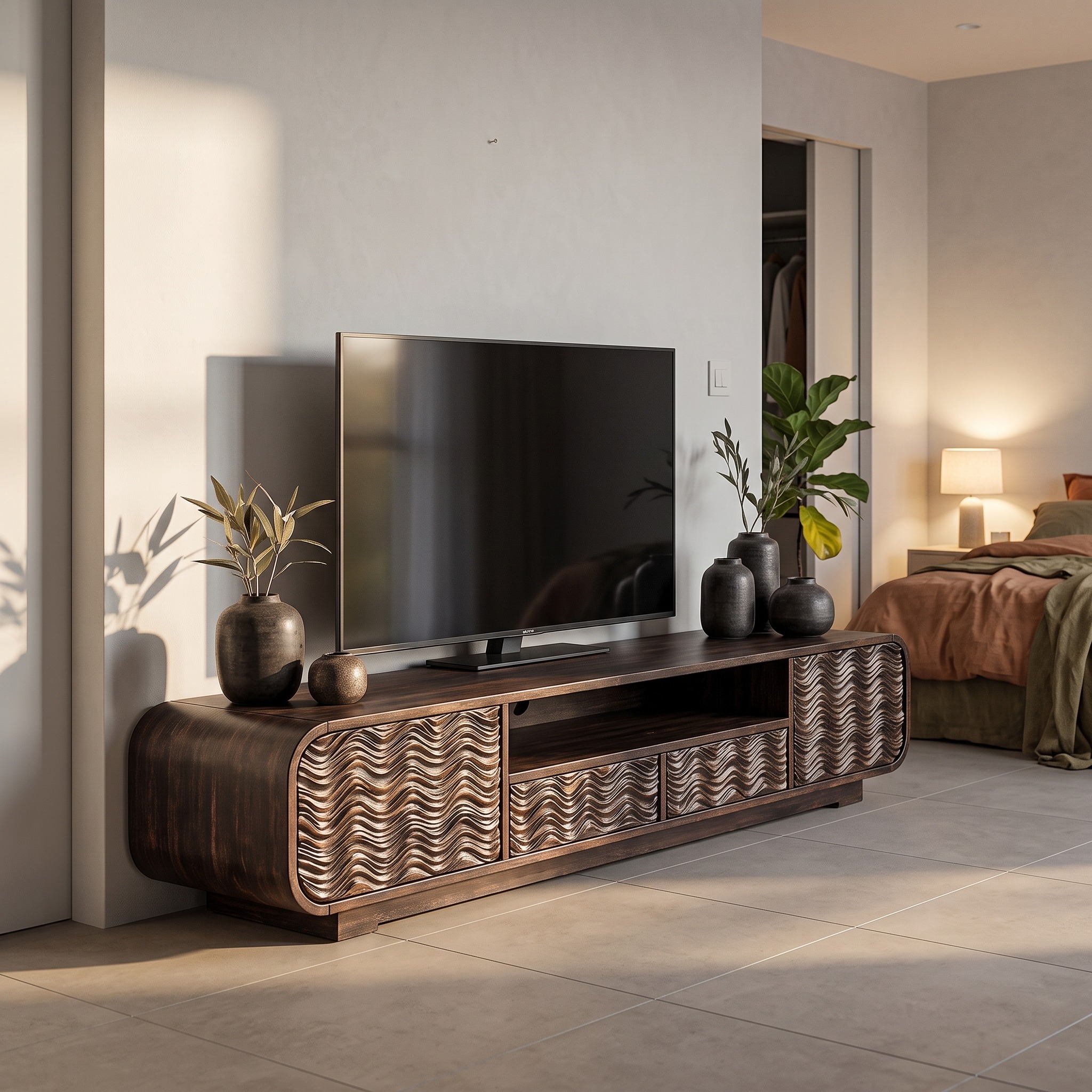 Modern Solid Wood Entertainment Center, Handcrafted Organic Wave Shaped TV Console for Living Room, Model