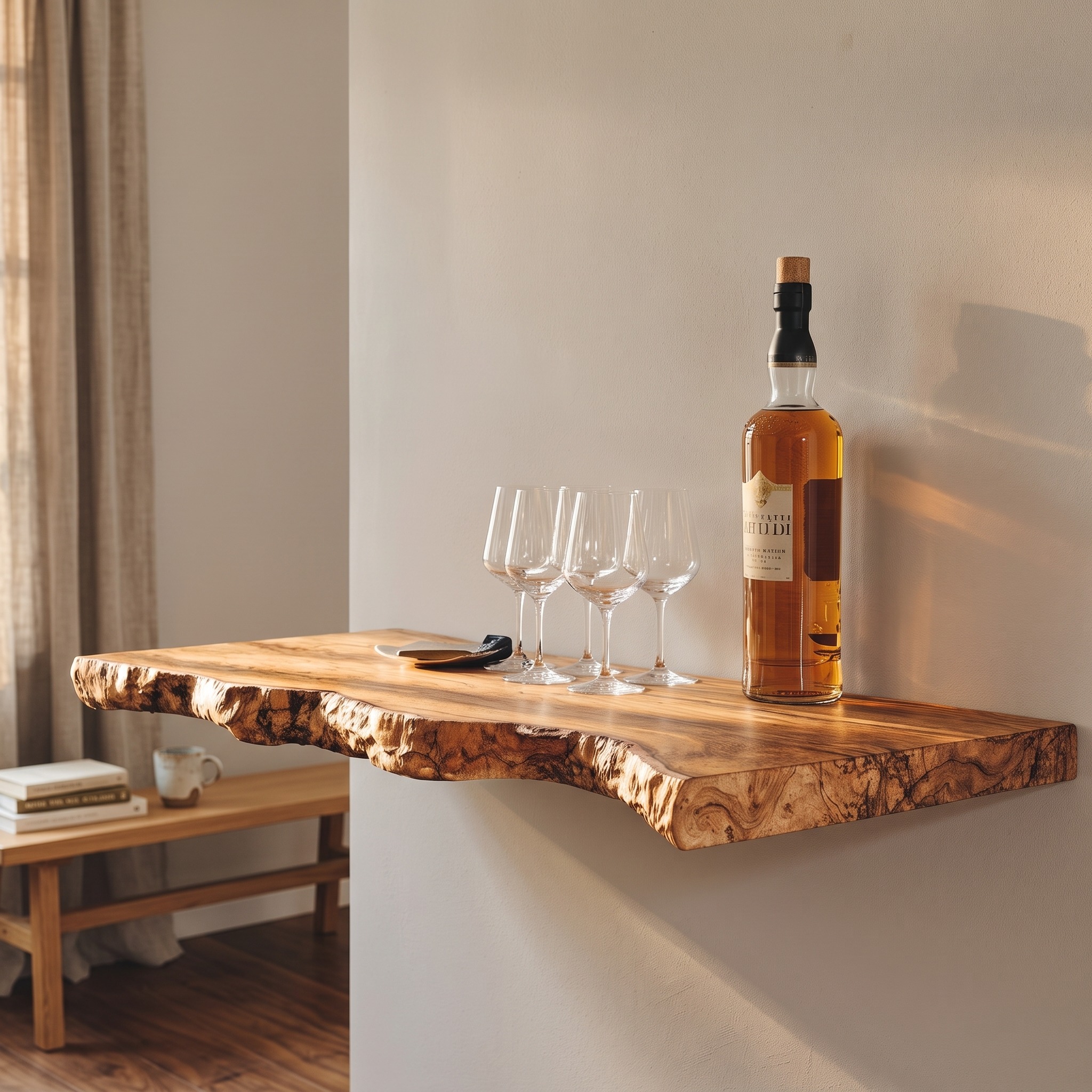 Modern Solid Wood Floating Bar Shelf, Handcrafted Wall-Mounted Display Rack for Liquor & Home Decor
