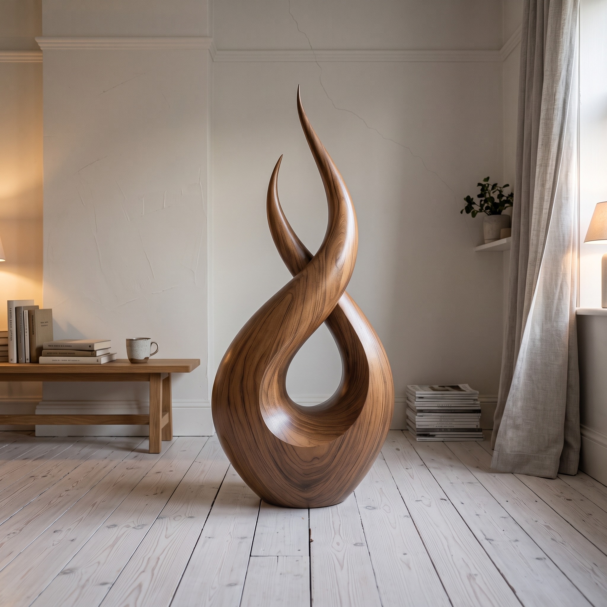 Modern Solid Wood Sculpture, Handcrafted Abstract Wooden Tabletop Art Statue, Luxury Design Accent Decor for Entryway & Console Desk