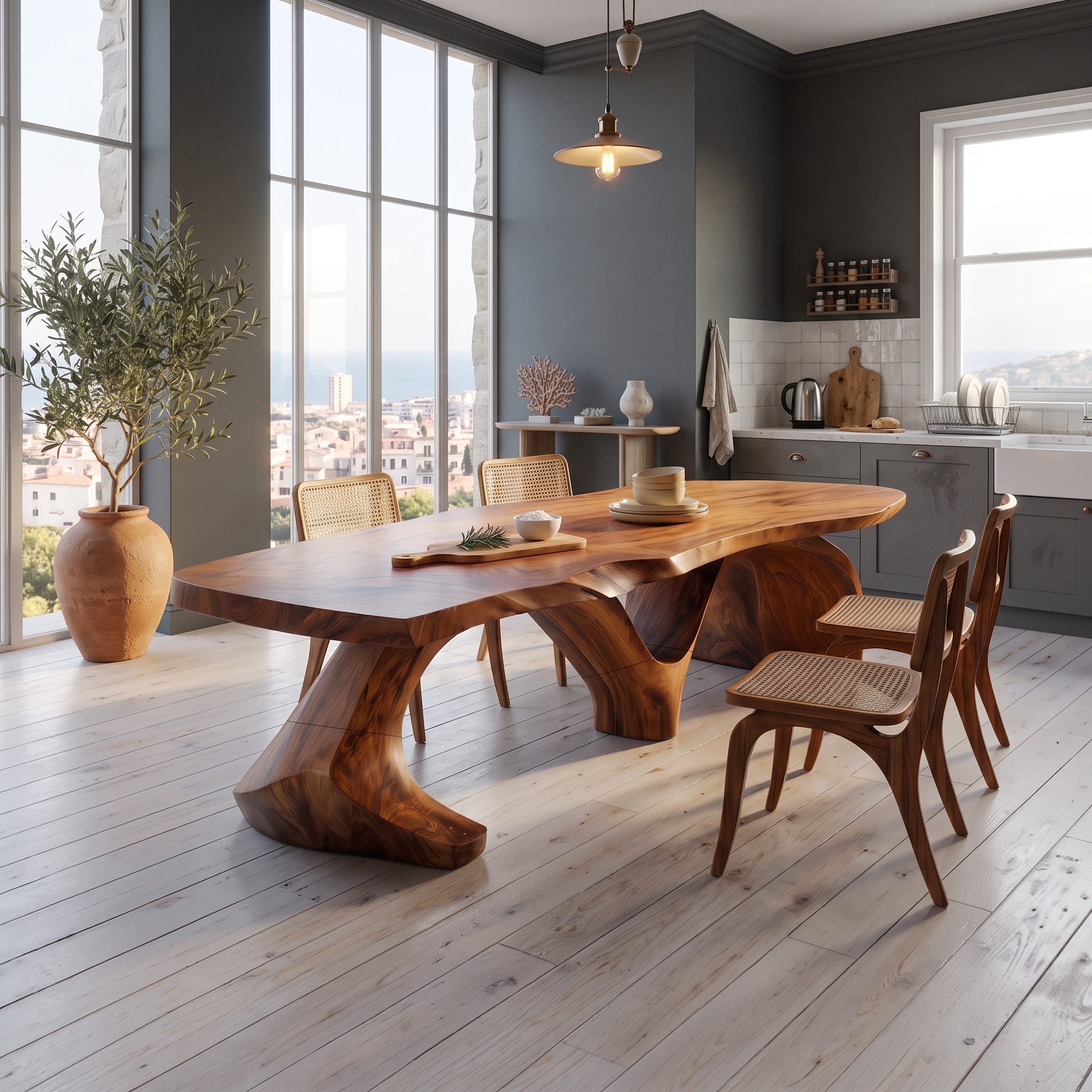 Modern Solid Wood Slab Dining Table, Handcrafted Luxury Natural Edge Kitchen & Formal Dining Room Table