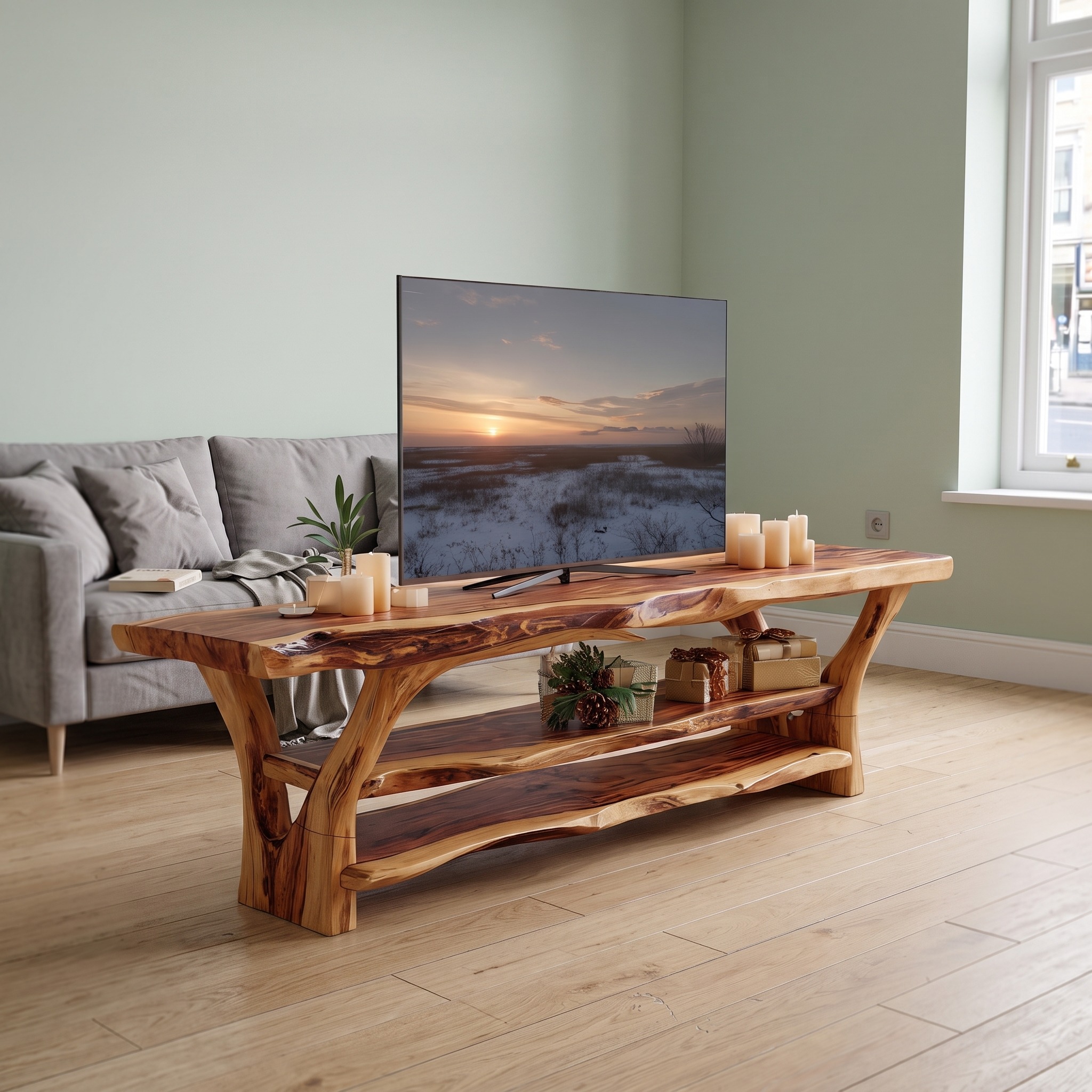 Modern Solid Wood TV Console, Handcrafted Live Edge Entertainment Center & Media Credenza Cabinet