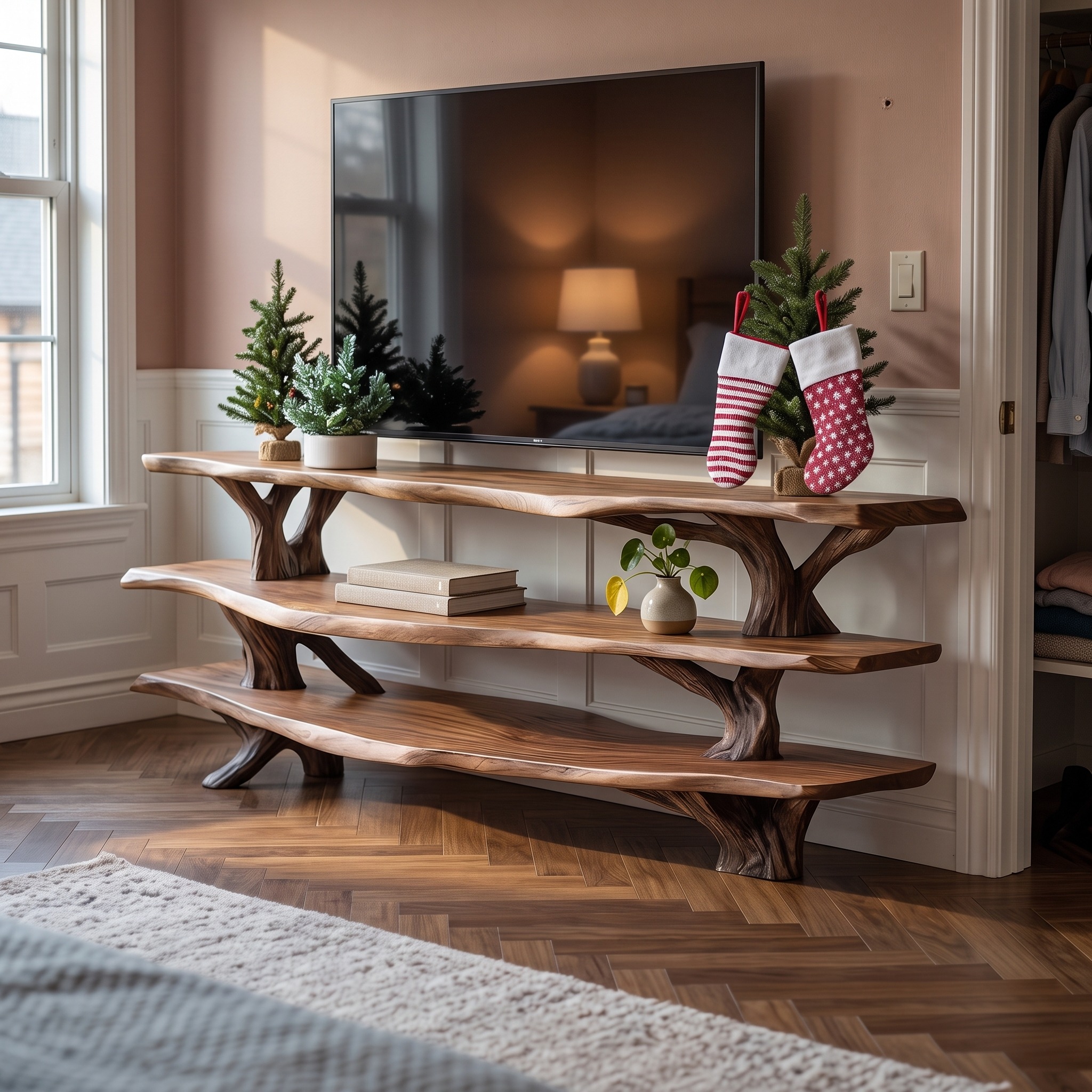 Modern Solid Wood TV Console, Live Edge Media Stand & Entryway Credenza for Living Room
