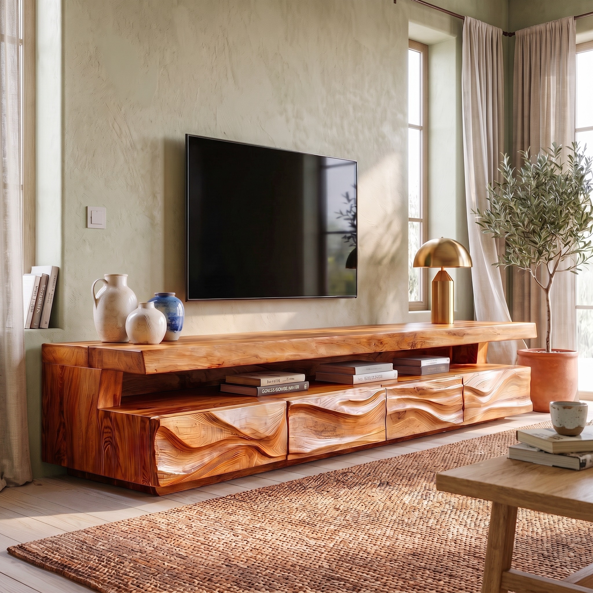 Modern Solid Wood TV Stand, Hand-Carved Textured Front Console Media Storage Cabinet for Living Room