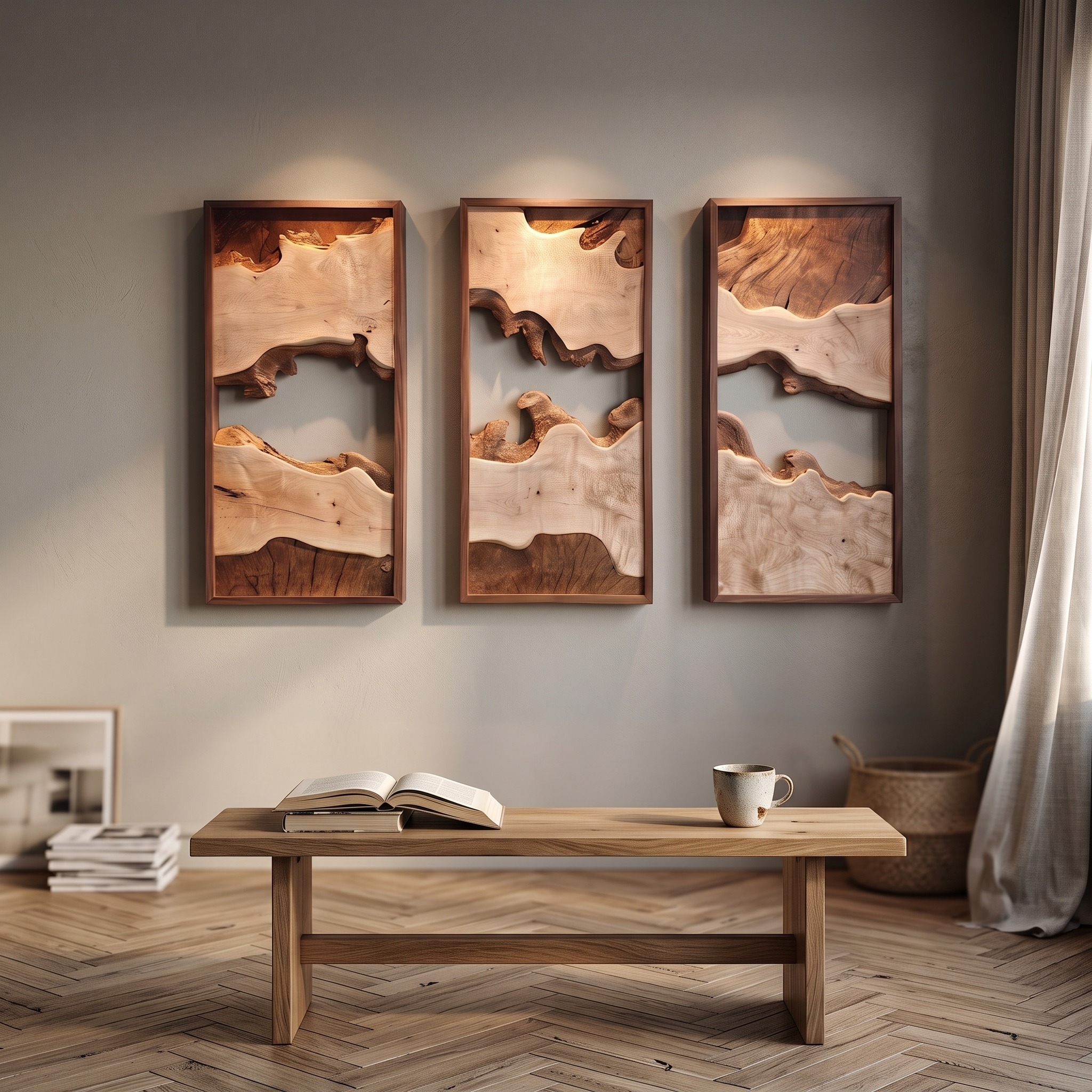 Modern Solid Wood Wall Art Set, Abstract Geometric Landscape Wooden Panels, Rustic Wall Hanging Decor for Living Room