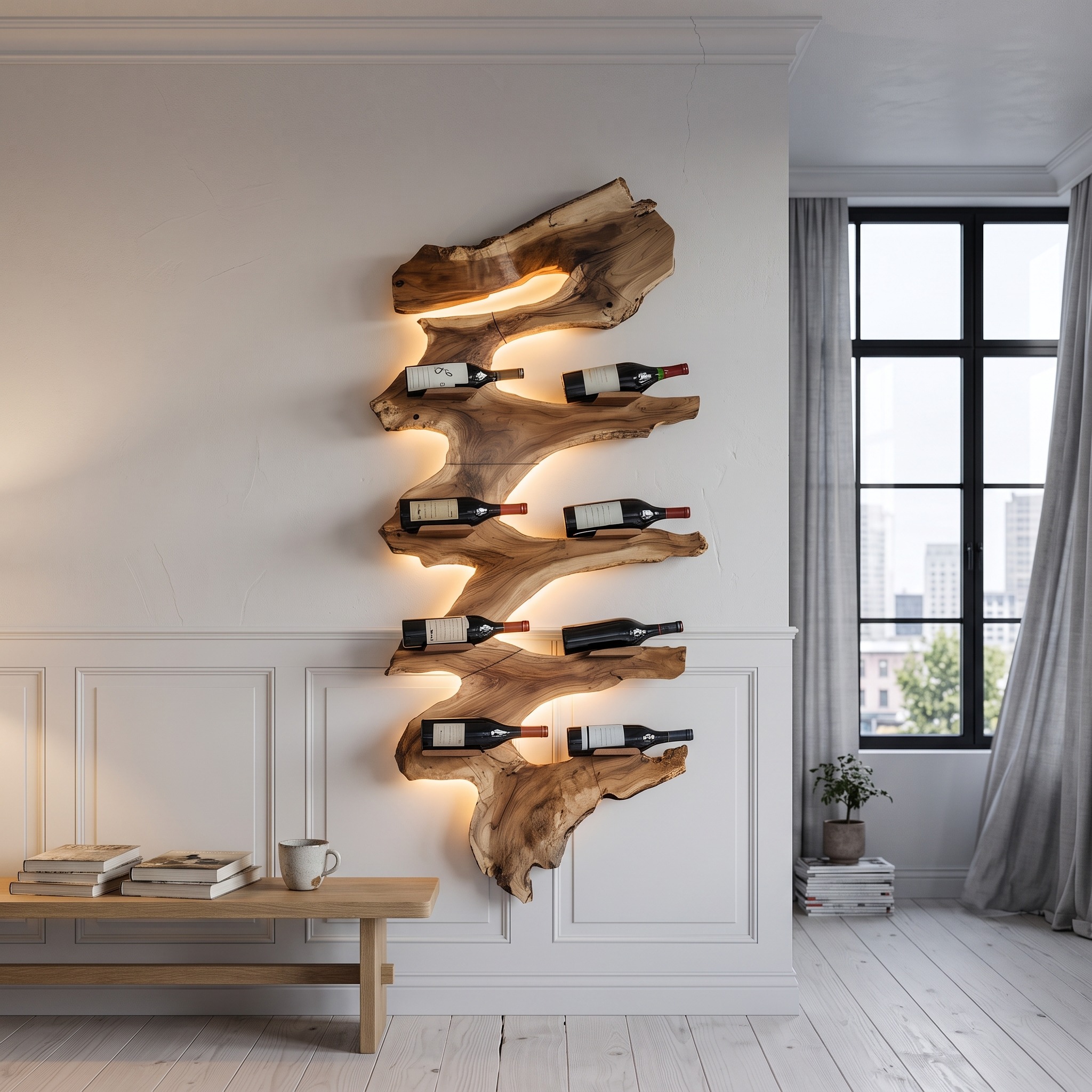 Modern Solid Wood Wine Rack, Handcrafted Wooden Wine Bottle Holder Shelf for Living Room