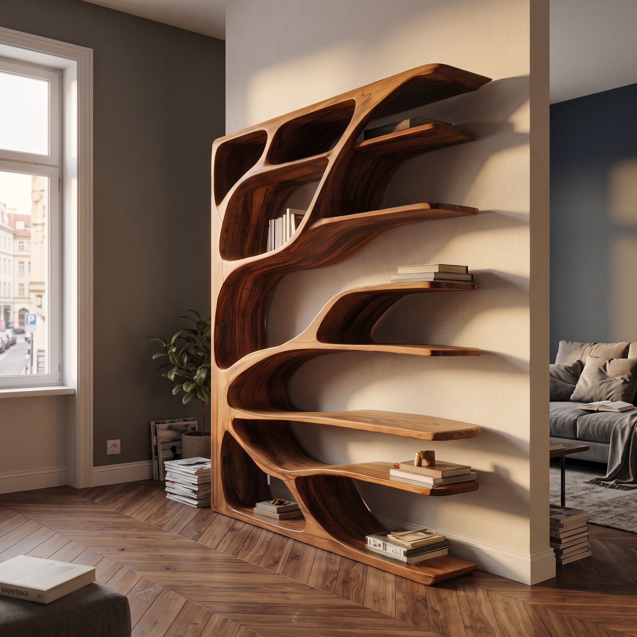 Modern Statement Bookshelf, Handcrafted Wood Bookcase & Sculptural Display Shelving Unit for Living Room Decor