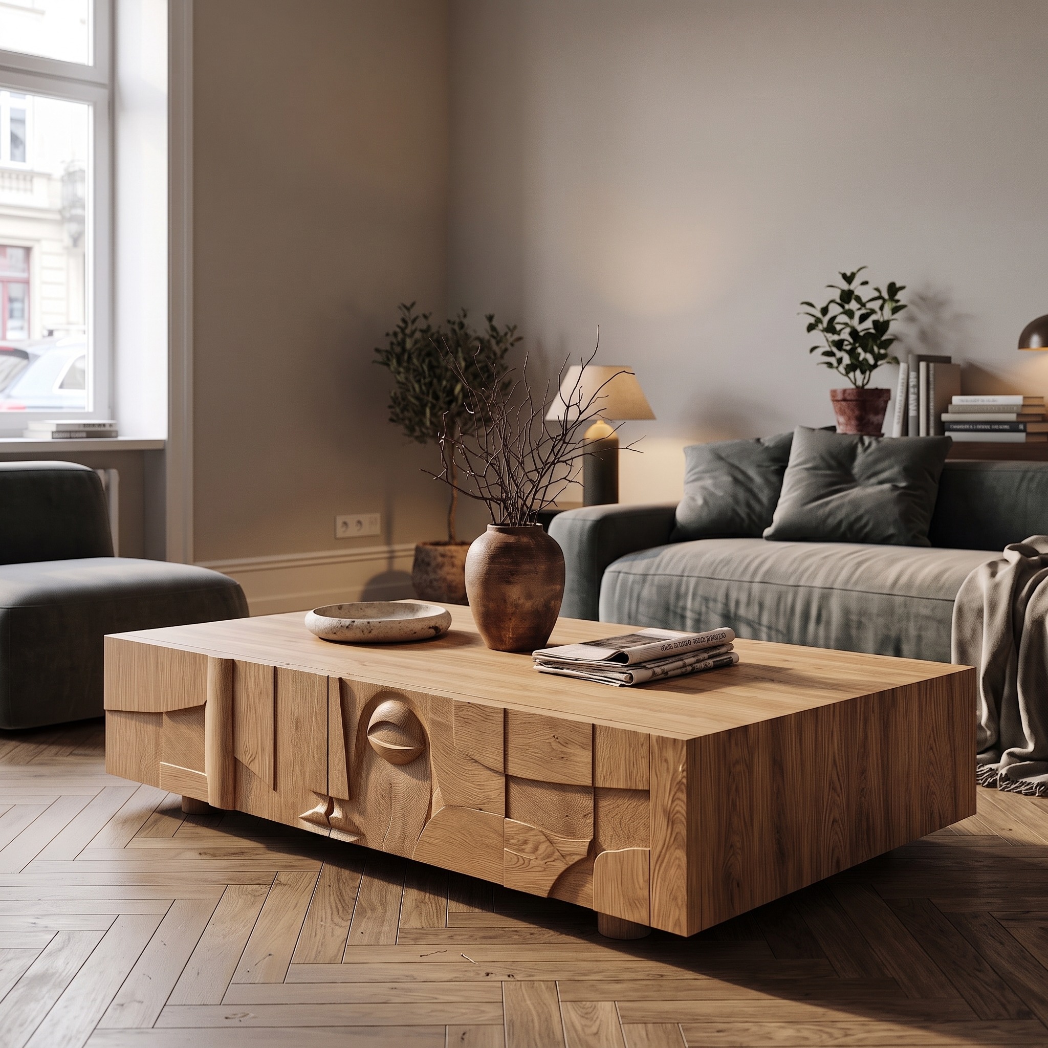 Modern Statement Coffee Table with Textured Relief Drawers for Living Room