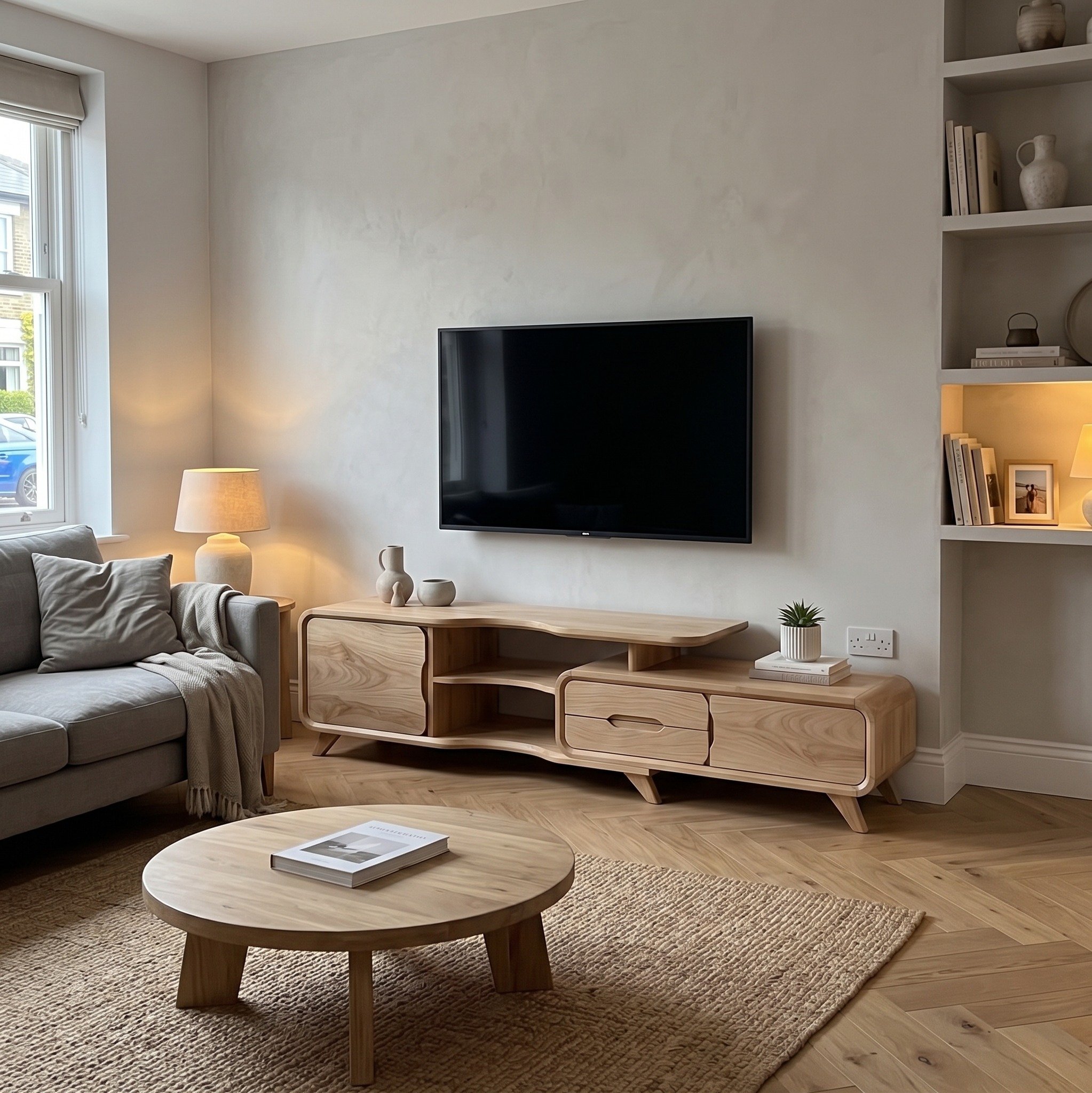 Modern Statement TV Stand, Solid Wood Fluted Media Console Cabinet, Luxury Living Room Entertainment Center