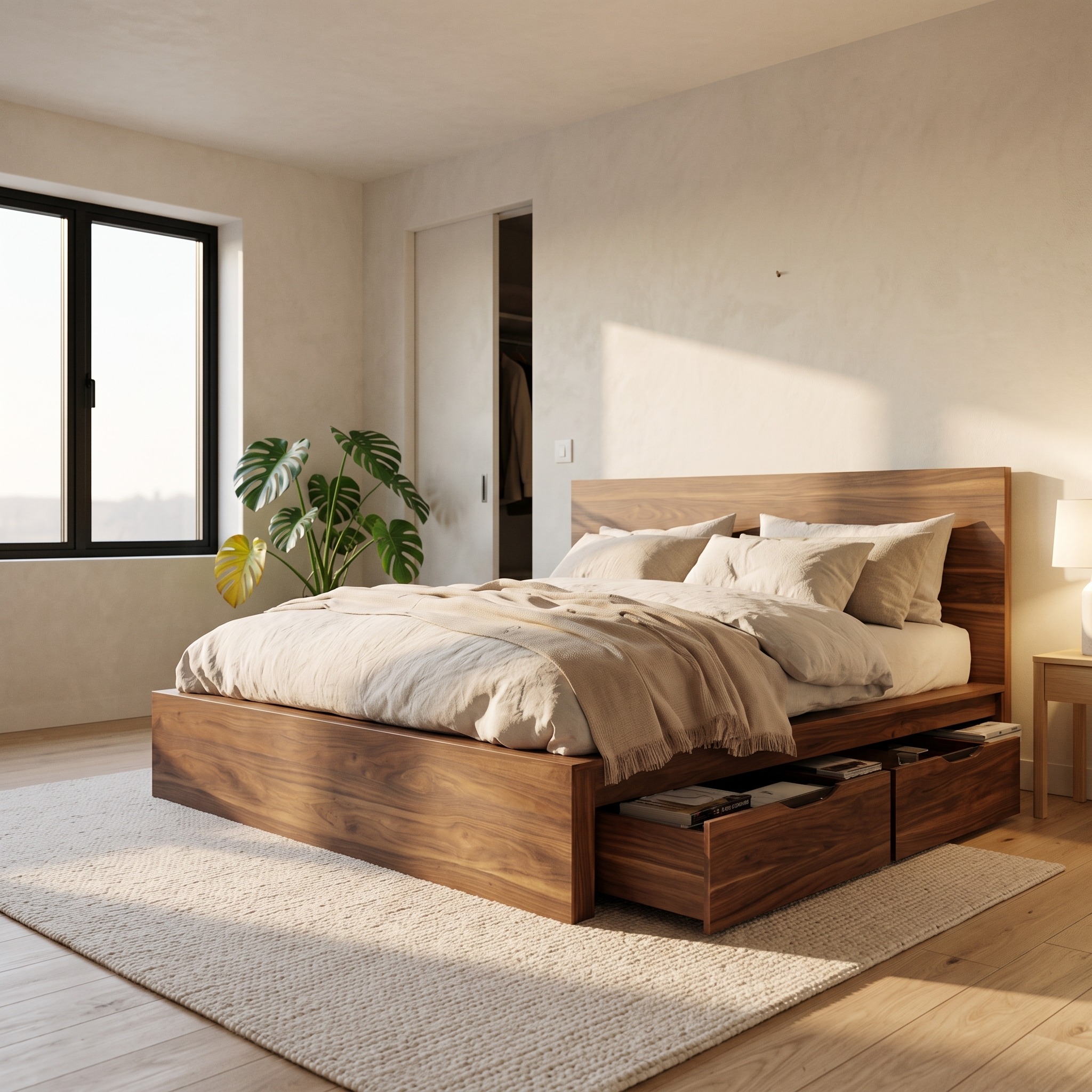 Modern Storage Bed Frame with Headboard & Drawers, Handcrafted Solid Wood Underbed Storage Bedstead