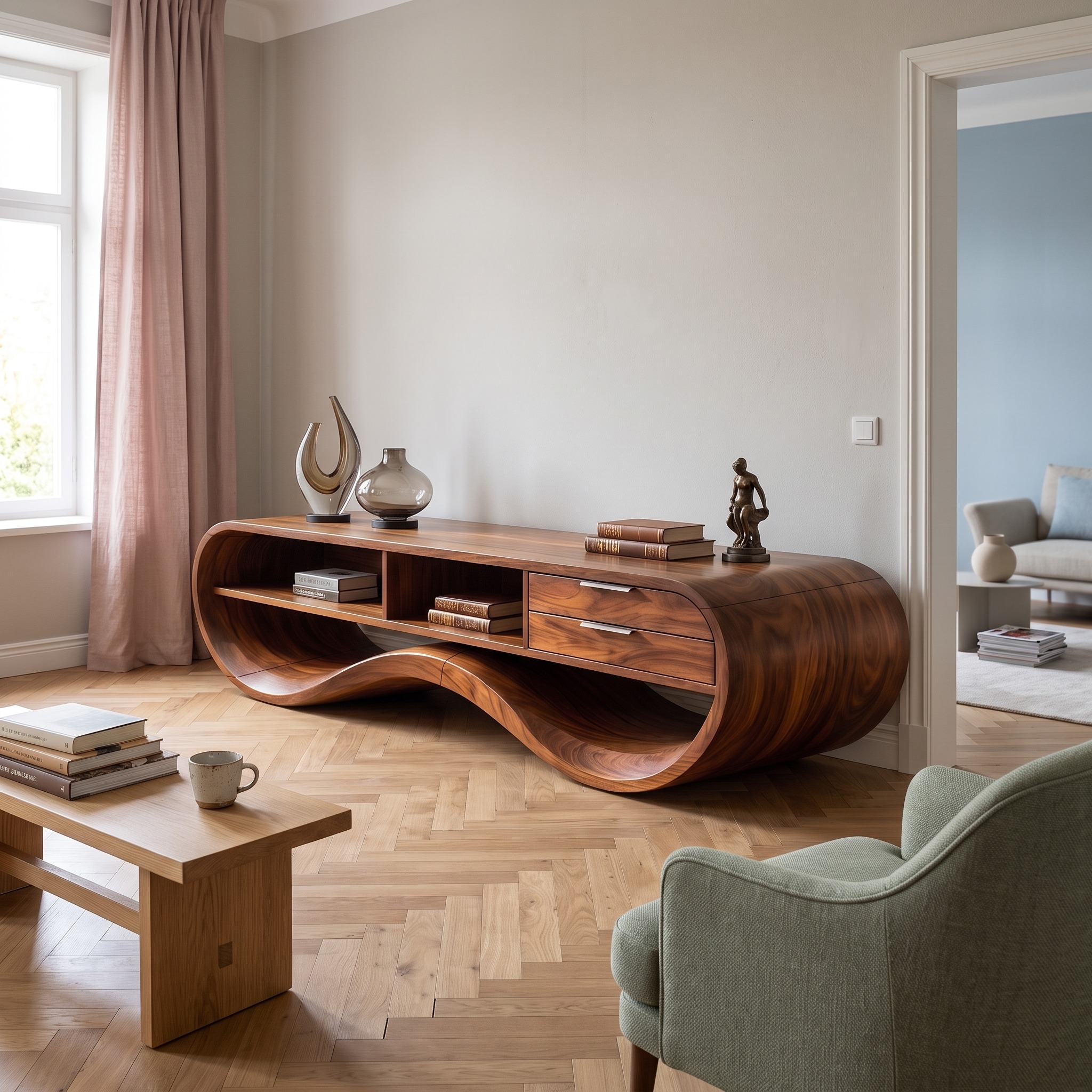 Modern Streamline Wood TV Cabinet, Minimalist Media Console Credenza & Entertainment Center for Living Room