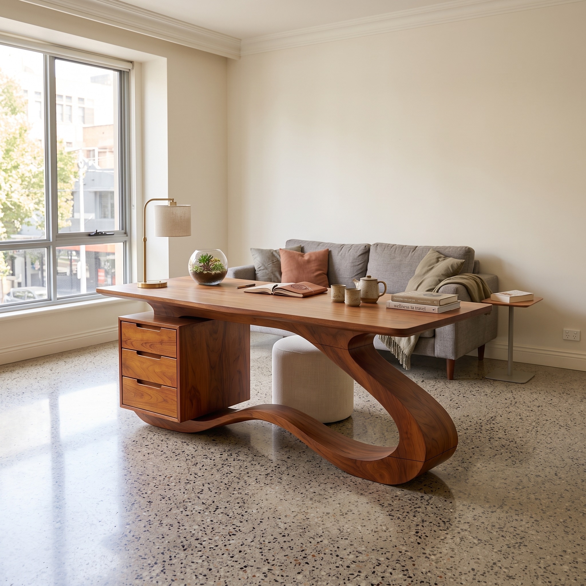 Modern Streamlined Writing Desk with Built-in Drawer Storage Cabinet, Handcrafted Solid Wood Workstation for Office