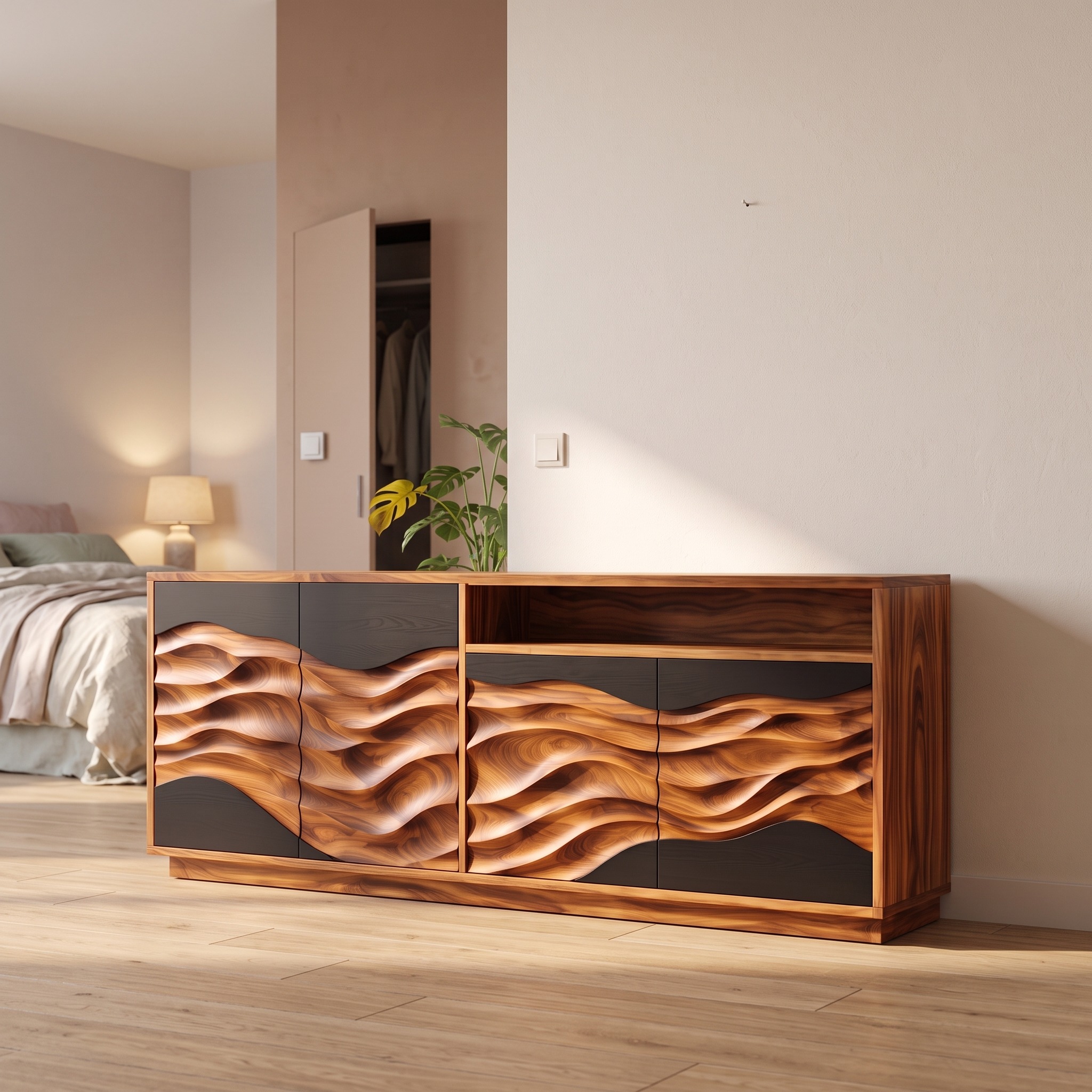 Modern Swirl Carved Sideboard Open Living Room