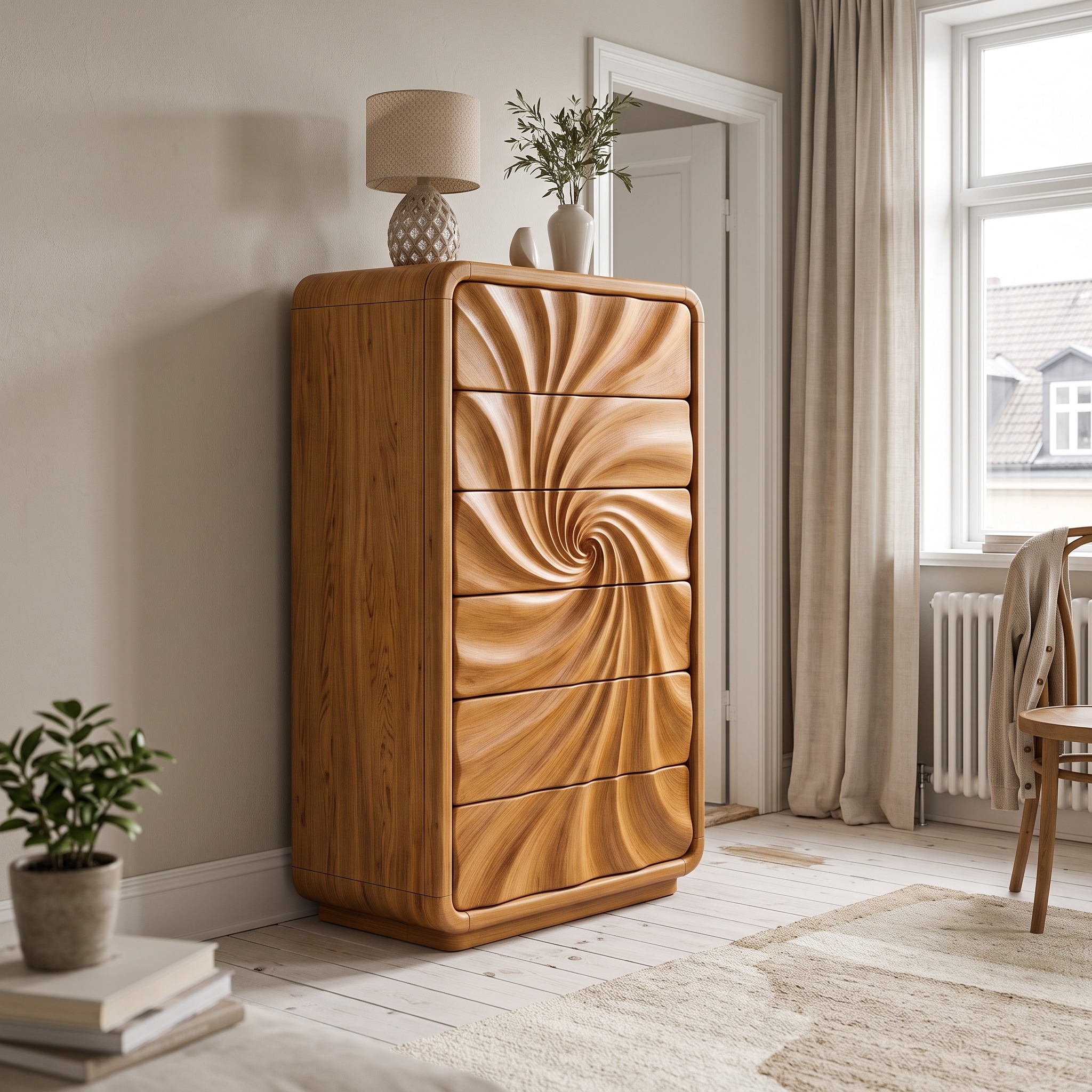 Modern Tall Dresser with Flowing Wave Drawer Design for Bedroom