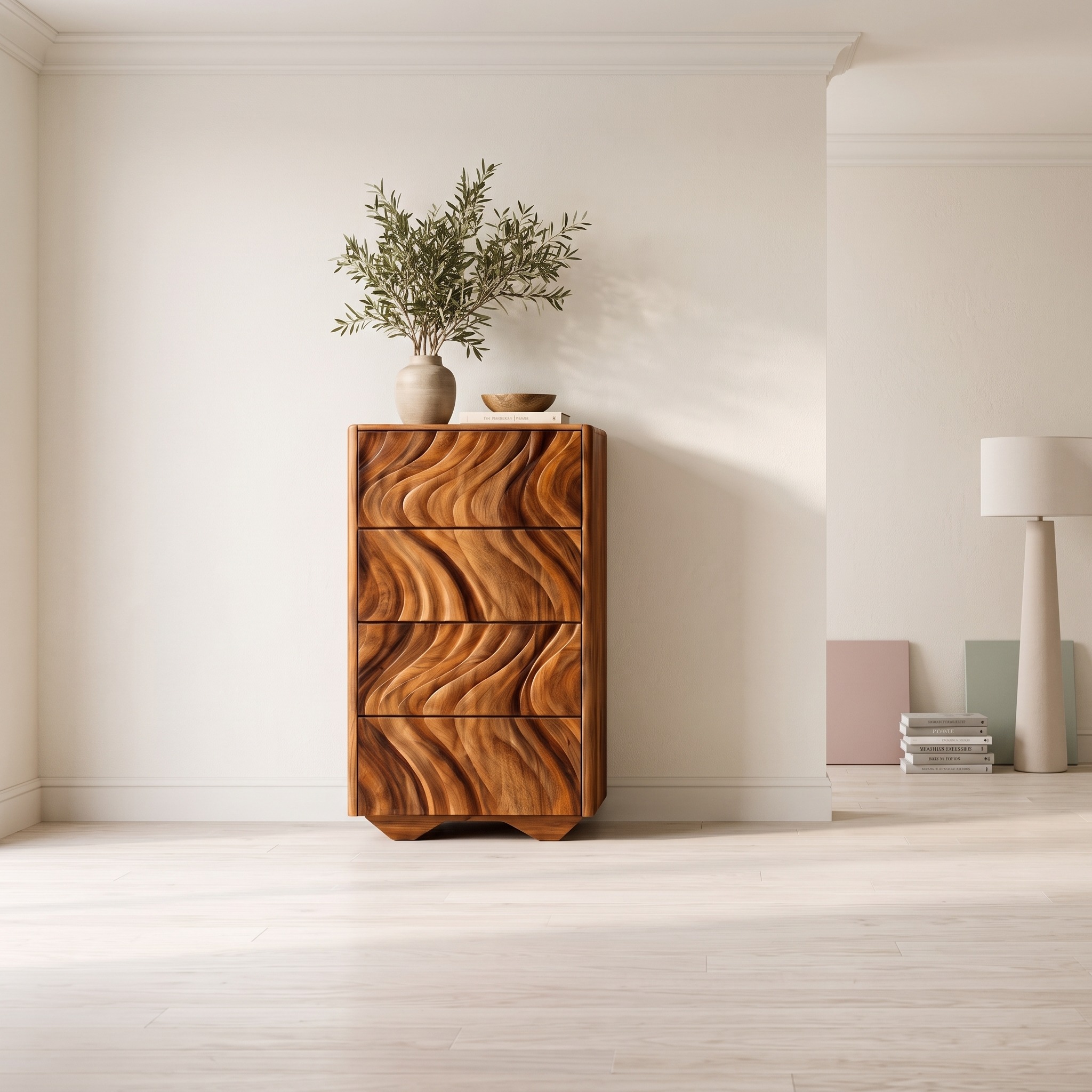 Modern Tall Dresser with Vertical Wave Carving for Bedroom
