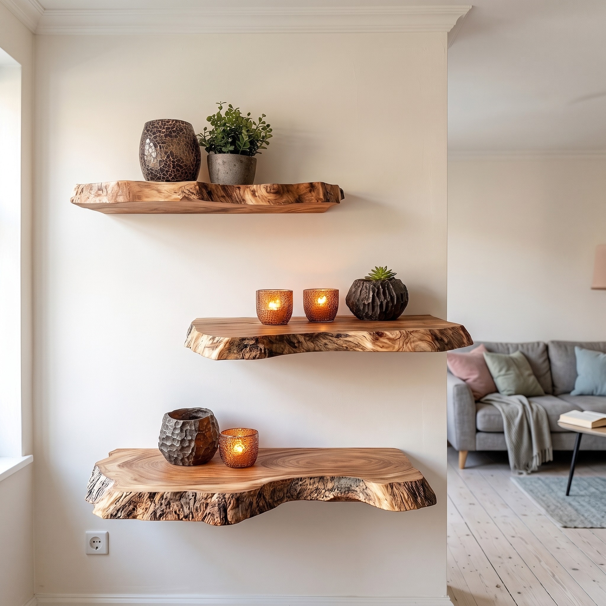 Modern Thick Live Edge Floating Wall Shelves, Chunky Solid Wood Slab Floating Shelves for Kitchen, Bathroom & Plants