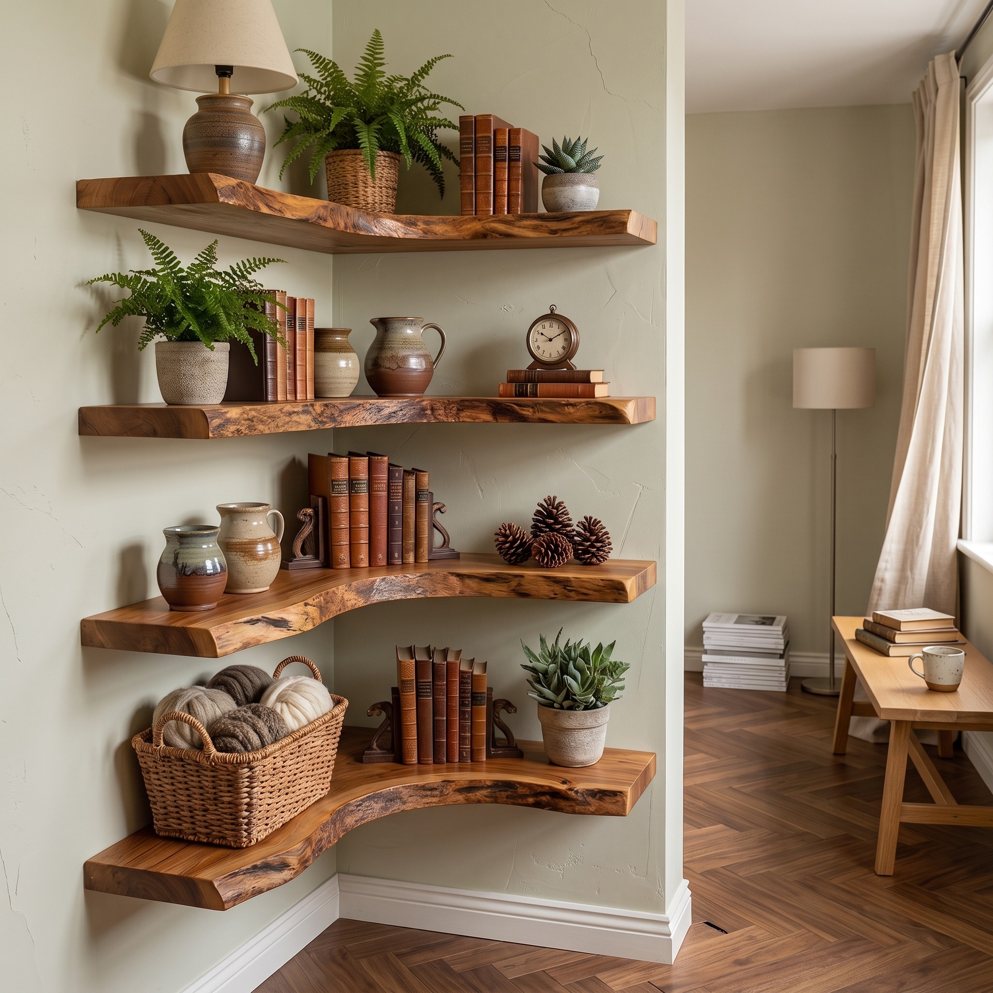 Modern Traditional Corner Floating Shelves Solid Wood Living Room Accent