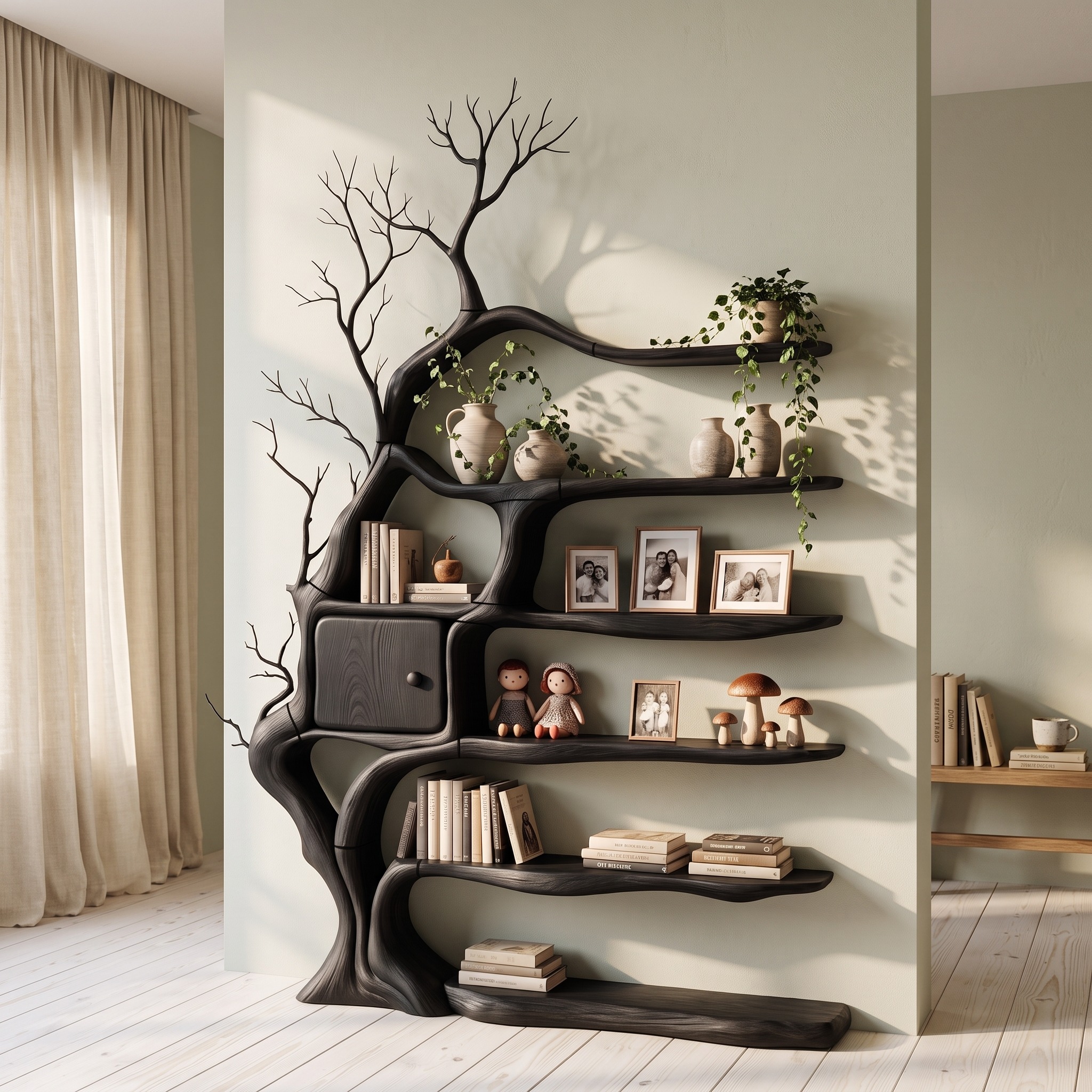Modern Tree Bookshelf with Integrated Storage Cabinet for Living Room