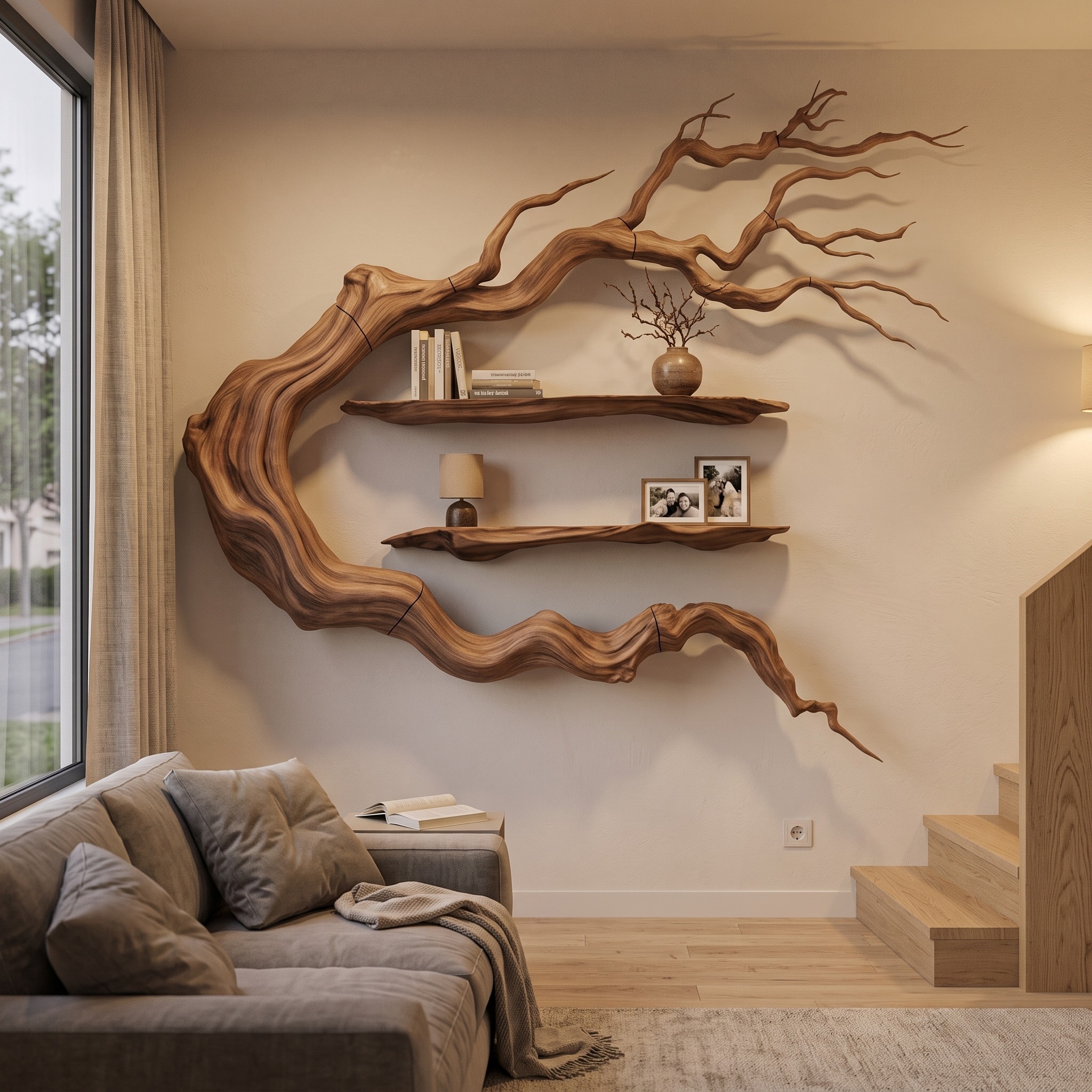 Modern Tree Bookshelf with Sculptural Wall Branch Design for Living Room