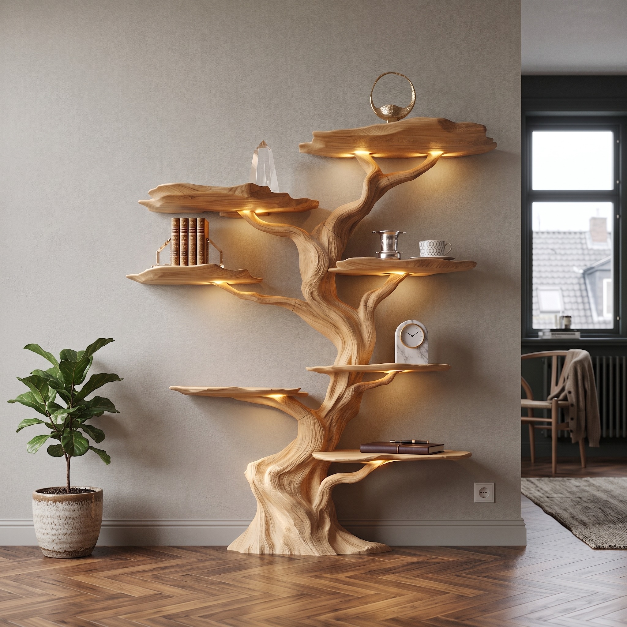 Modern Tree Bookshelf Wood Handmade Natural Gift