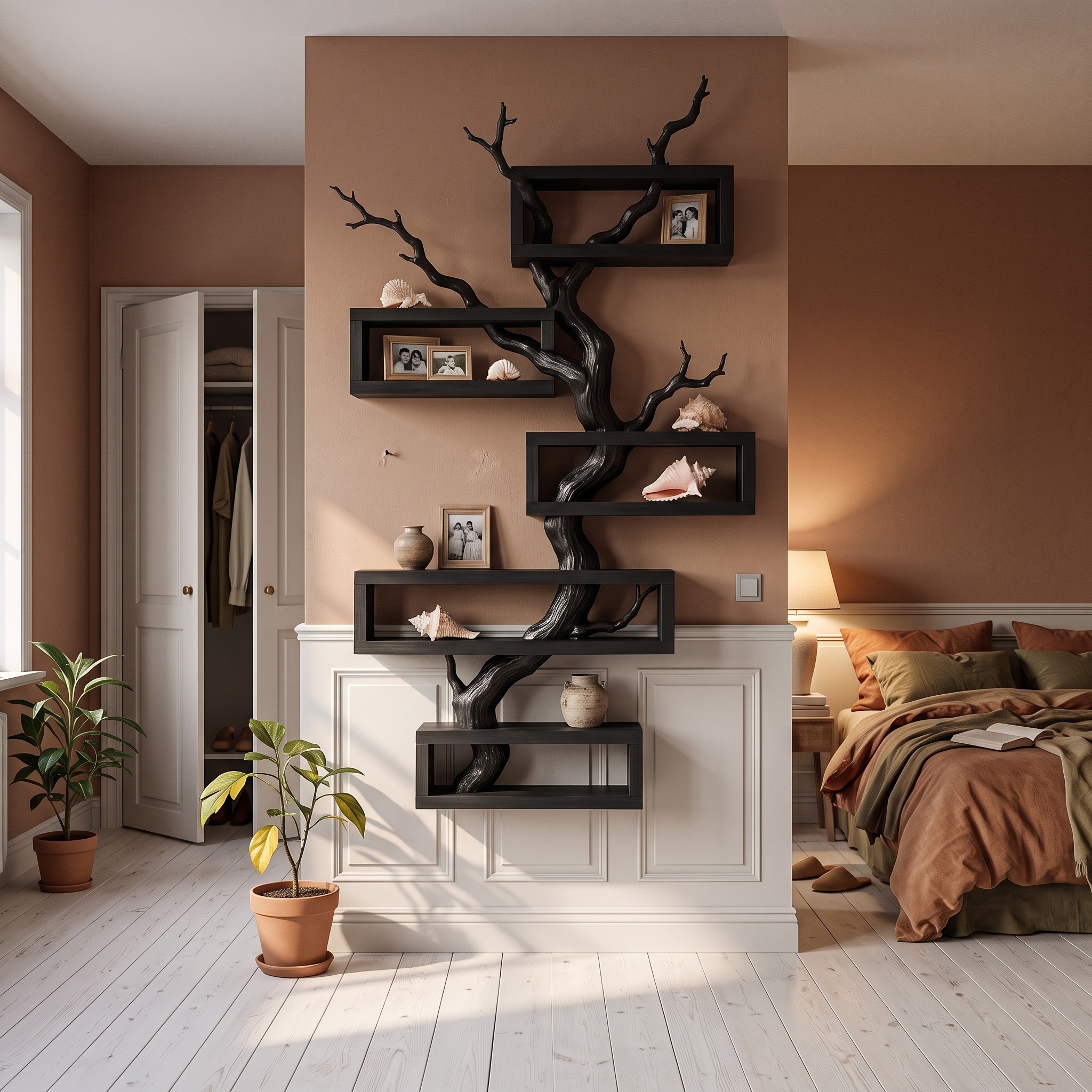 Modern Tree Branch Display Shelf with Floating Shelves for Home