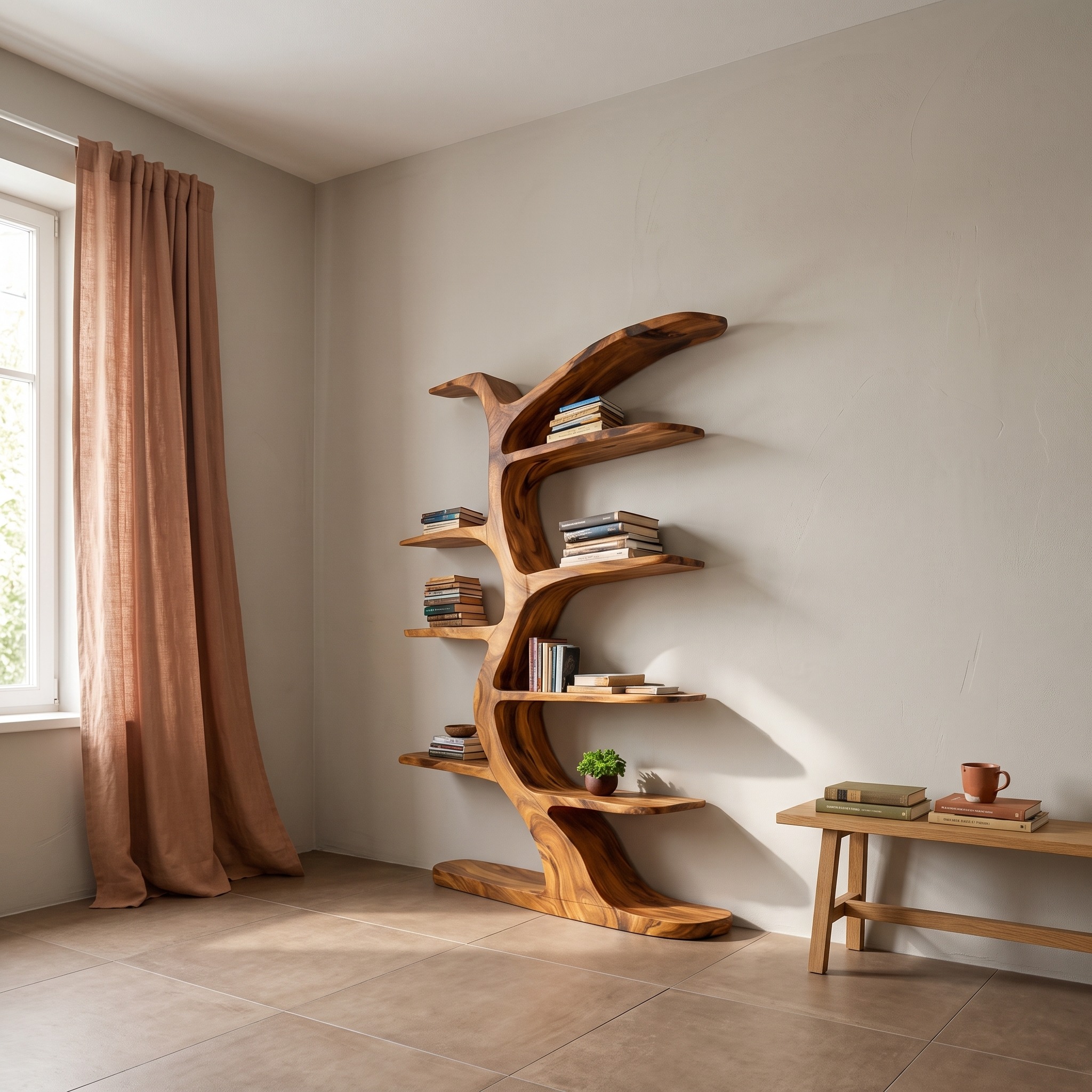Modern Tree-Inspired Bookshelf, Handcrafted Wood Bookcase with Curved Branches for Living Room & Nursery Decor