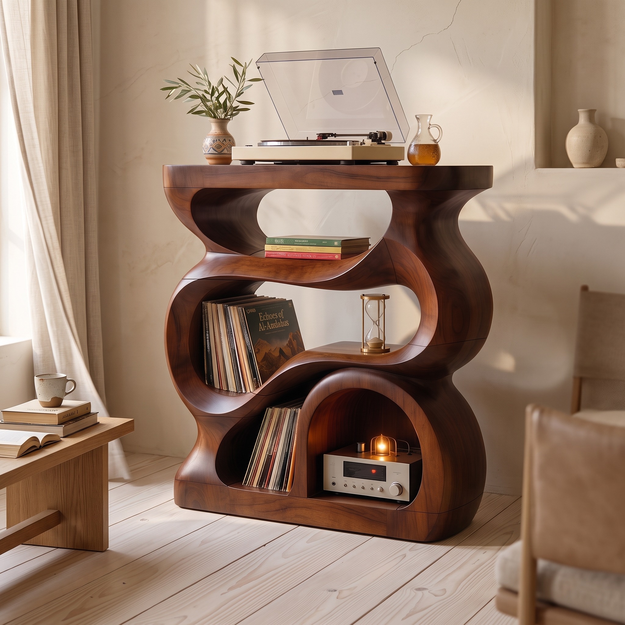 Modern Turntable Stand with Storage, Solid Wood Record Player Cabinet and LP Organizer for Living Room