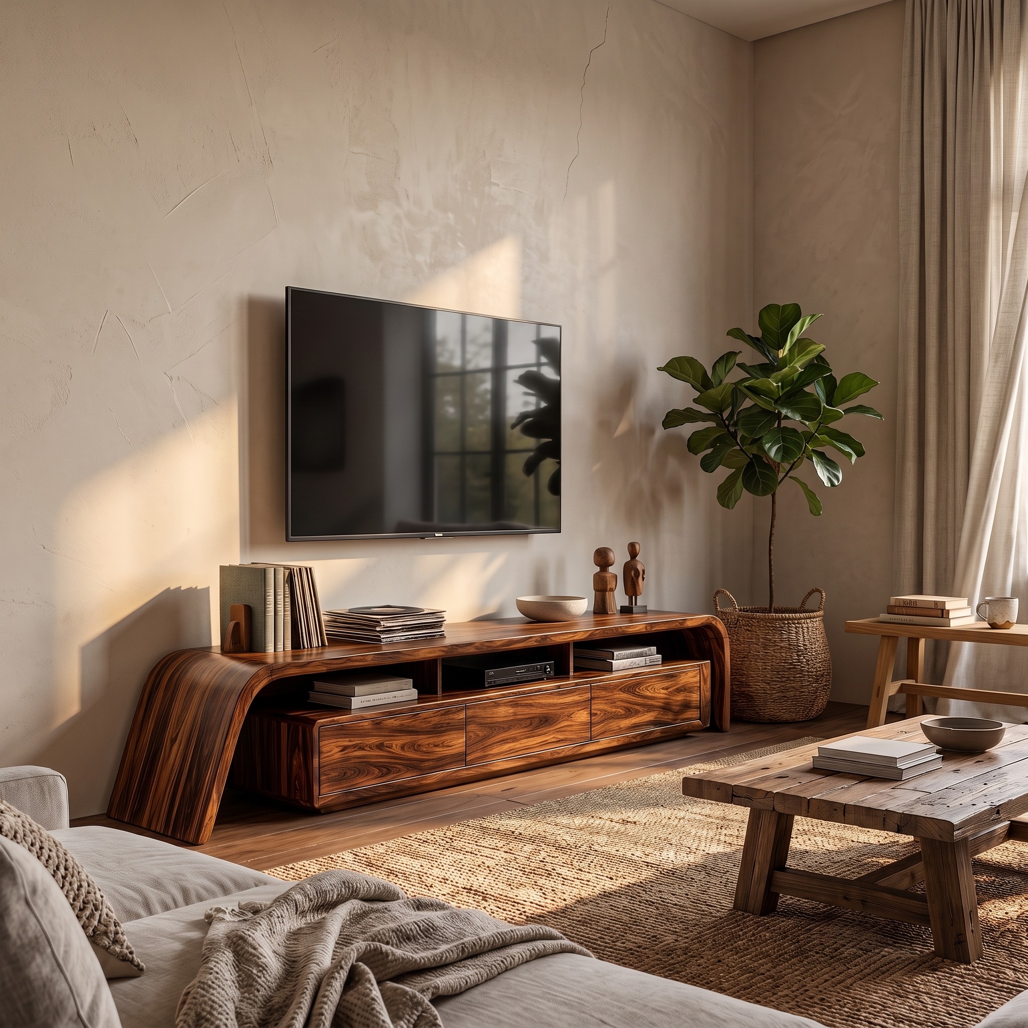 Modern TV Cabinet, Rounded Curved Edges Solid Wood Media Console, Built-in Storage Drawer Entertainment Stand