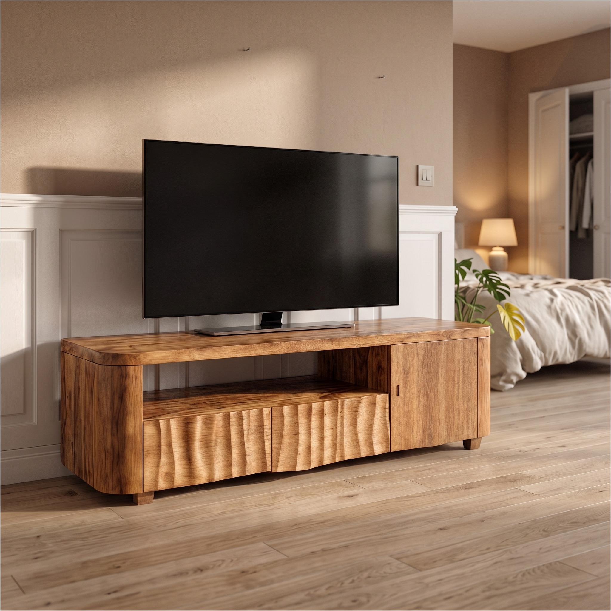 Modern TV Cabinet, Solid Wood Media Console with Storage Drawer & Shelves for Living Room